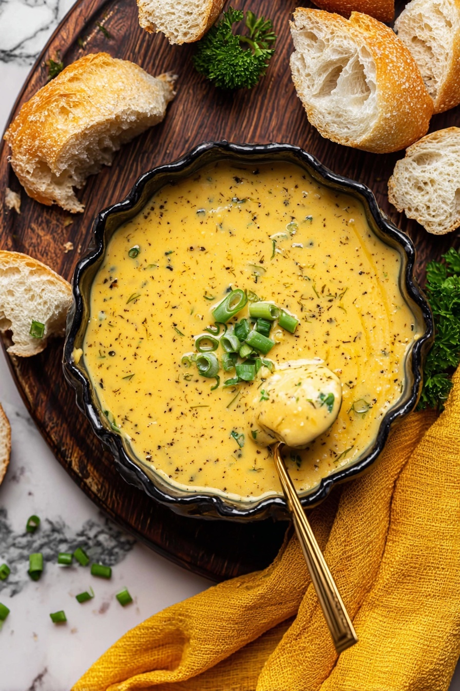 A black scalloped bowl filled with thick, creamy yellow soup speckled with black herbs fills most of the frame, topped with chopped green onions placed in the center. A gold spoon rests inside the bowl, scooping up some of the soup. Around the bowl are pieces of crusty bread with a light brown crust and soft, airy inside. There are small sprigs of green parsley and scattered green onion pieces on a dark wood surface. A soft yellow cloth is placed under the bowl and around the bread pieces. The background is changed to a white marbled texture. Photo taken with an iphone --ar 2:3 --v 7 - Cheddar Garlic Herb Potato Soup, creamy potato soup, cheesy garlic soup, herb potato recipes, comforting soup ideas