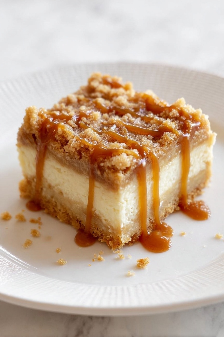 A square shaped dessert bar with three clear layers sits on a white plate with a textured rim on a white marbled surface. The bottom layer is a dense, light golden crust. The middle layer is thick, creamy, and pale beige in color. The top layer is a crumbly, golden-brown streusel with small crumbs scattered on the plate. The bar is generously drizzled with rich, shiny caramel sauce that flows down the sides. Photo taken with an iphone --ar 2:3 --v 7 - Caramel Apple Cheesecake Bars, apple cheesecake bars, caramel apple bars, fall dessert bars, easy apple cheesecake recipe