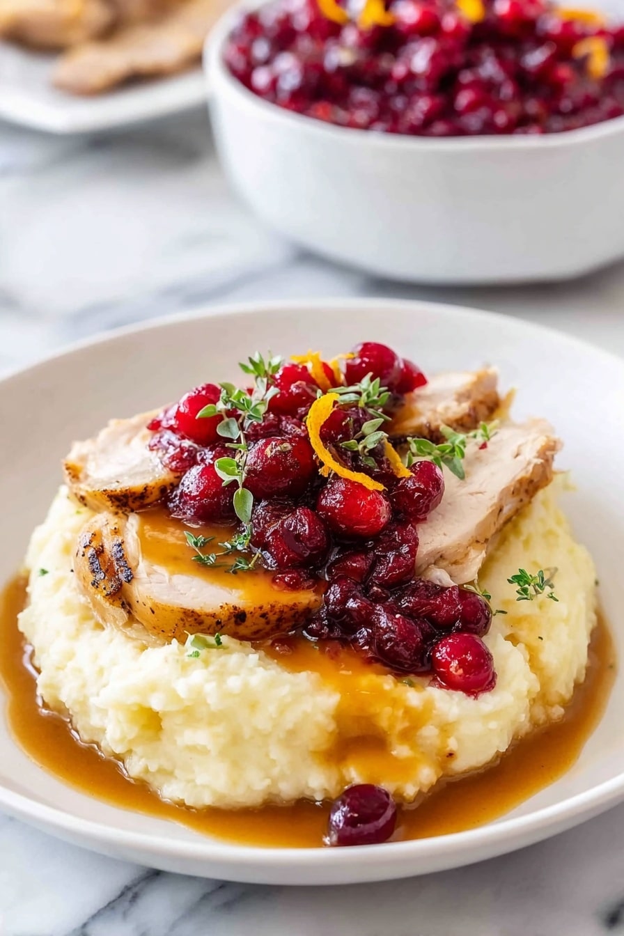 A white plate sits on a white marbled surface, holding a serving of creamy mashed potatoes as the base layer, smooth and pale yellow in color. On top are two slices of roasted turkey, browned on the edges with a juicy texture. A glossy, orange-brown gravy is drizzled over the turkey and some mashed potatoes, partially running down the sides. Over the turkey rests a bright, chunky red cranberry sauce with whole berries and a few small, orange zest curls. Some finely chopped green herbs are sprinkled over the whole dish for color. In the background is a white bowl filled with more cranberry sauce. Photo taken with an iphone --ar 2:3 --v 7 - Instant Pot Turkey Breast with Creamy Gravy, juicy turkey breast recipes, quick turkey dinner ideas, pressure cooker turkey recipes, easy holiday turkey dishes