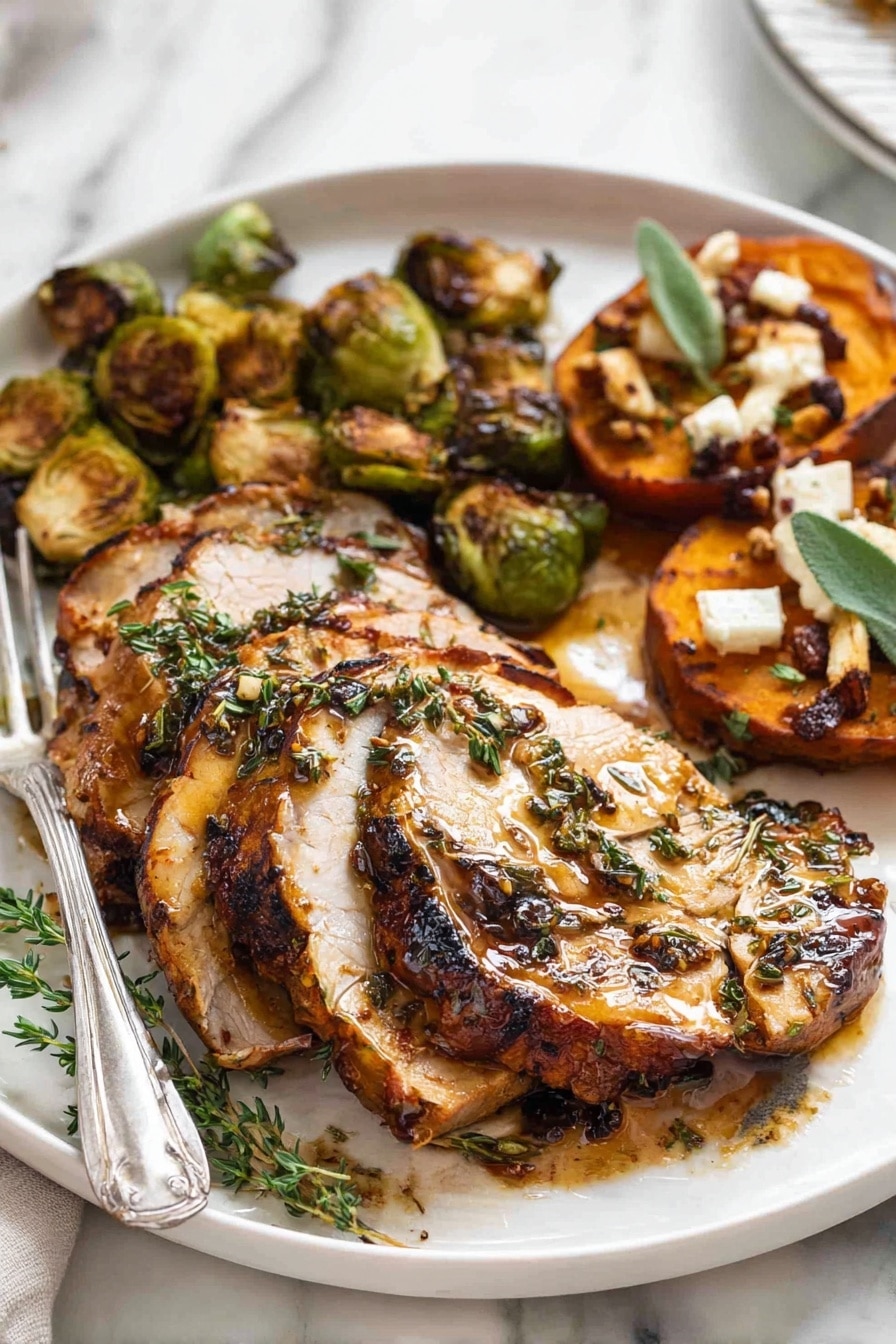 On a white plate resting on a white marbled surface, there are three main parts. The largest part is at the front: thin slices of cooked meat with a golden brown glaze, showing some darker charred edges and sprinkled with green herbs. Behind this, near the top left, there are several roasted Brussels sprouts halves, browned and slightly crispy on the outside. To the right side, there are toasted sweet potato rounds topped with small pieces of white cheese, green leaves, and some toasted nuts. A silver fork lies on the left side of the plate. A small sprig of green herb rests on top of the meat. photo taken with an iphone --ar 2:3 --v 7 - Garlic Herb Butter Roasted Turkey Breast, turkey breast dinner ideas, juicy roasted turkey recipe, holiday turkey main dish, easy turkey roast with herbs