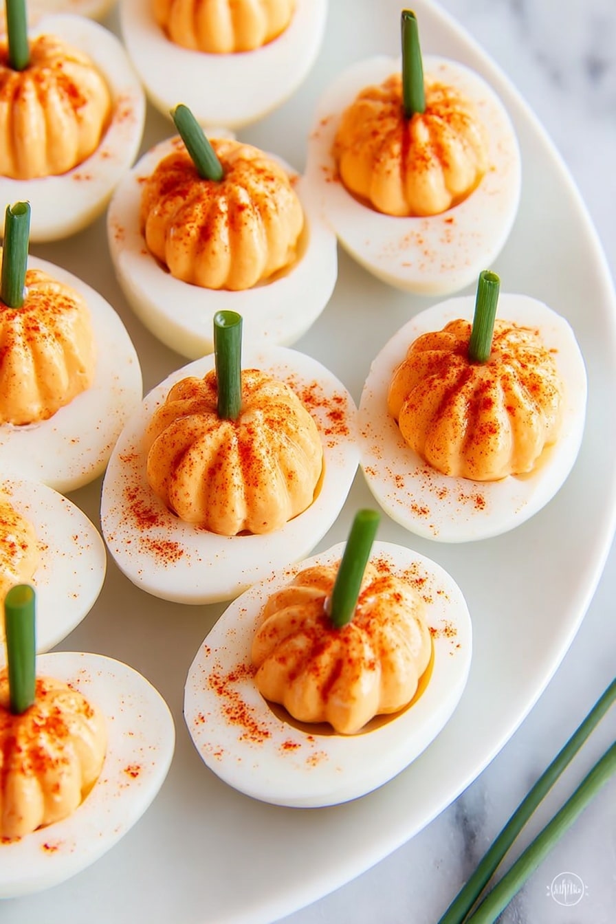 A white round plate holds twelve deviled eggs arranged in a circular pattern on a white marbled surface. Each egg is cut in half with the white egg white forming the base and a smooth, light orange filling piped inside in a ridged pumpkin shape. Each filling has a small green piece of chive placed vertically to look like a pumpkin stem. Some of the fillings are sprinkled with a small amount of red paprika powder. Above the plate, there is a small clear bowl filled with bright red paprika powder and a bunch of fresh green chives tied with a white string placed on the white marbled surface. photo taken with an iphone --ar 2:3 --v 7 - Pumpkin Deviled Eggs, festive deviled eggs, fall appetizer ideas, Halloween party snacks, easy pumpkin deviled eggs