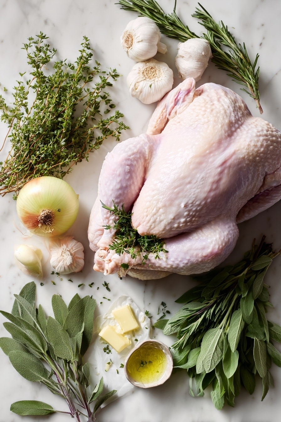 Flat lay of a whole raw turkey with pale pink skin and plump texture, surrounded by fresh garlic heads halved to reveal smooth white cloves, a halved onion with rich brown and yellow outer layers and crisp white flesh inside, small bunches of vibrant green mixed herbs including sage, rosemary, thyme, and parsley with delicate leaves, sprigs of finely chopped sage and rosemary displaying their textured, needle-like leaves, and a small mound of creamy, pale yellow melted butter glistening softly, all arranged naturally with some herbs sprinkled around to add freshness, placed on white marbled surface, photo taken with an iphone --ar 2:3 --v 7 - Juicy Roast Turkey with Herb Butter and Garlic-White Wine Baste, roast turkey, holiday turkey recipe, turkey cooking tips, flavorful Thanksgiving turkey