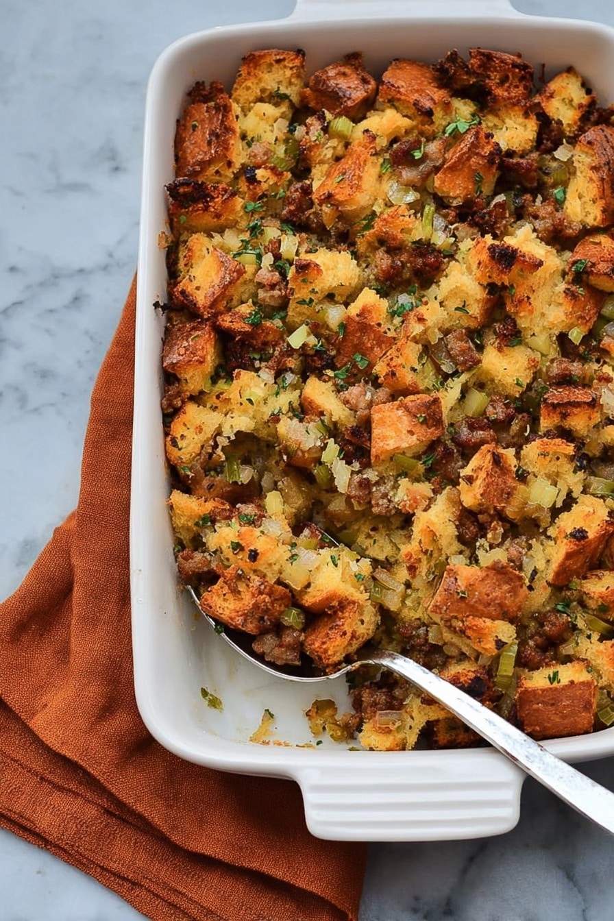 A white rectangular ceramic baking dish with handles filled with a golden-brown bread casserole. The casserole has several layers of chunky bread pieces in light tan and orange hues, mixed with bits of green herbs and darker brown spots of cooked ingredients. The top layer shows a slightly crisp texture with uneven bread chunks coated in a glossy finish. The dish is placed on a white marbled surface. photo taken with an iphone --ar 2:3 --v 7 - Easy Sausage & Herb Stuffing, sausage stuffing recipe, holiday stuffing with sausage, herb stuffing easy, flavorful sausage and herb stuffing