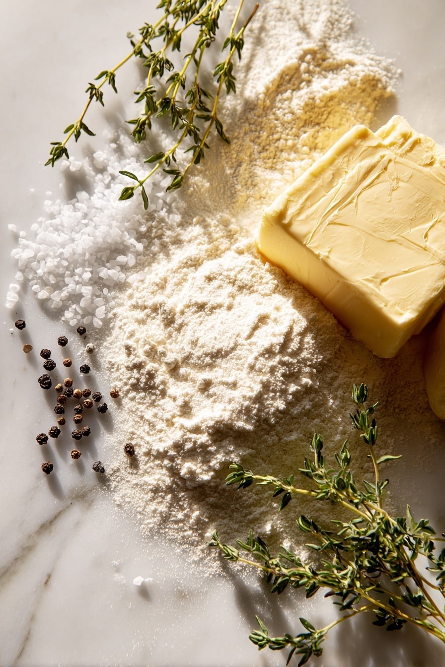 Flat lay of rich golden turkey drippings shimmering with a glossy surface, a chunk of creamy pale yellow salted butter, a small pile of fine white all-purpose flour with soft powdery texture, coarse black peppercorns scattered naturally, crystalline white sea salt flakes, and fresh sprigs of vibrant green thyme arranged loosely to add a touch of color, all beautifully spaced with soft natural shadows, placed on white marbled surface, photo taken with an iphone --ar 2:3 --v 7 - Easy Turkey Gravy from Drippings, homemade turkey gravy, turkey gravy recipe, holiday gravy ideas, how to make turkey gravy from drippings