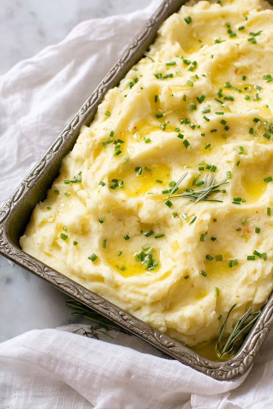A close-up image of a single layer of creamy mashed potatoes in a textured rectangular metal baking tray, the potatoes are light yellow with a smooth and fluffy texture, topped with small green chives scattered across and drizzled with melted butter adding a shiny finish, the tray is placed on a white fabric, and the background shows a soft-focus white marbled surface photo taken with an iphone --ar 2:3 --v 7 - Creamy Garlic Mashed Potatoes, garlic mashed potatoes, creamy mashed potatoes, garlic side dish, comfort food mashed potatoes
