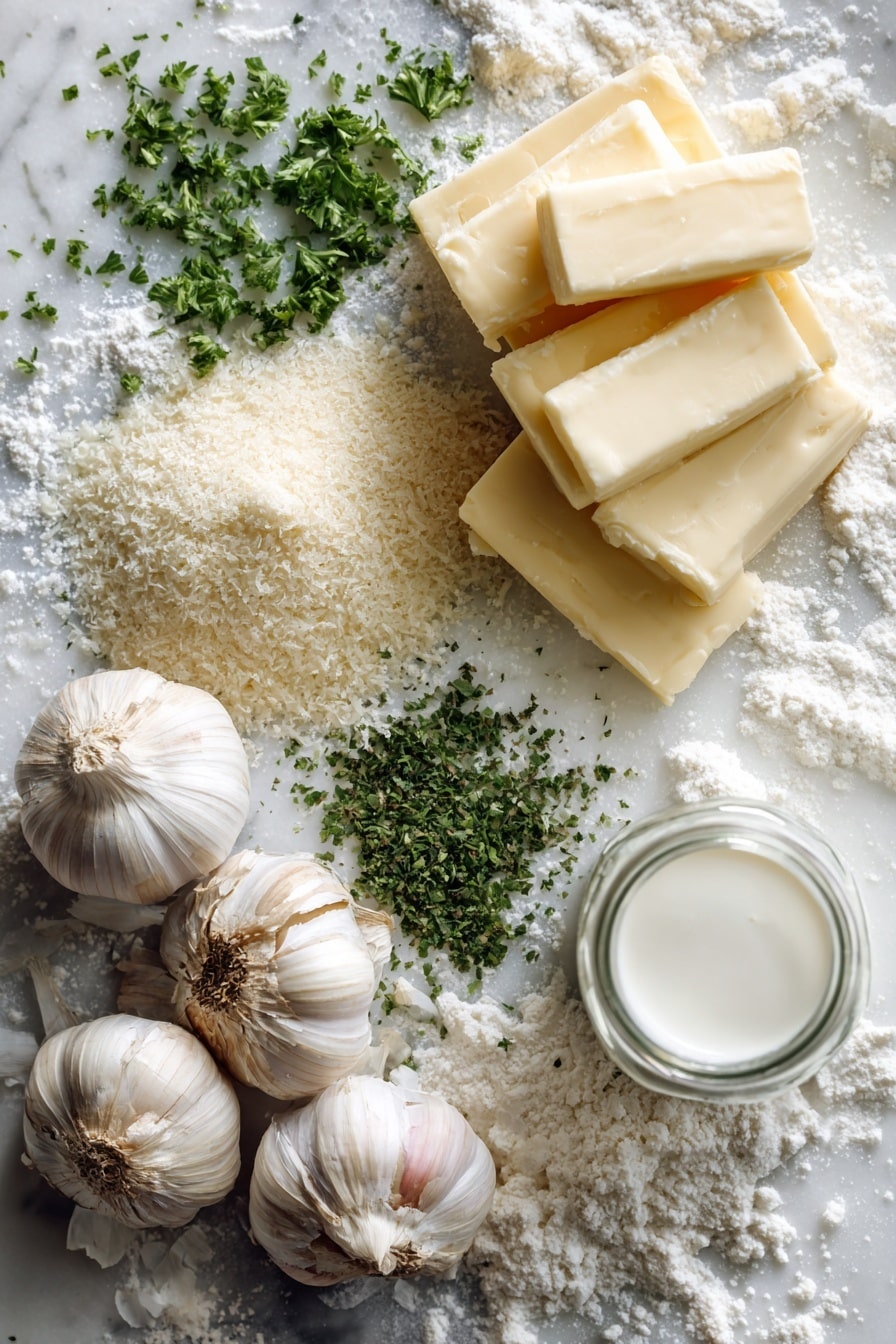 Flat lay of fresh whole garlic cloves with their papery white skins, a small stack of creamy pale yellow salted butter sticks, a scattering of dried bright green parsley flakes in a small pile, coarse granulated white sugar crystals sparkling gently, and smooth white buttermilk in a clear glass jar showing its creamy texture, all beautifully arranged with loose grains of all-purpose flour dusted softly around, placed on white marbled surface, photo taken with an iphone --ar 2:3 --v 7 - Garlic Butter Swim Biscuits, garlic bread side dish, easy biscuit recipe, buttery garlic biscuits, brunch bread ideas