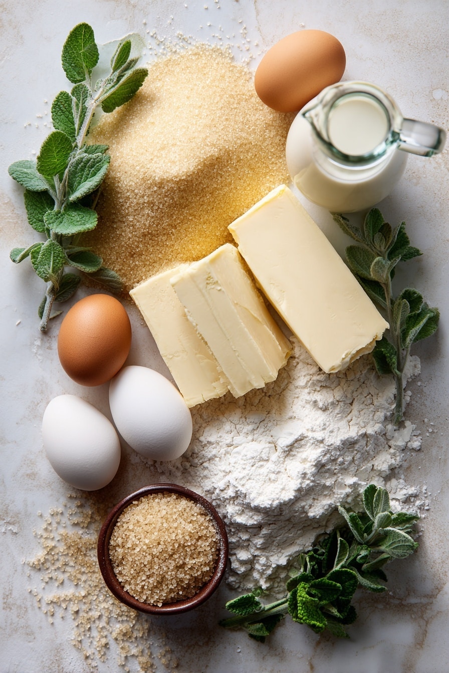 Flat lay of golden granular sugar crystals heaped softly, a pile of creamy white all-purpose flour with a delicate powdery texture, rich yellow salted butter blocks partially melted with glossy surfaces, fresh whole eggs showing smooth warm brown shells, a small mound of active dry yeast granules with rustic light brown specks, a clear glass jug of whole milk with a creamy white hue, a pinch of coarse sea salt crystals sparkling subtly, and a small bunch of vibrant fresh herbs with deep green leaves arranged naturally around each ingredient, placed on white marbled surface, photo taken with an iphone --ar 2:3 --v 7 - Best Homemade Dinner Rolls, soft fluffy dinner rolls, easy homemade bread rolls, buttery dinner rolls recipe, homemade dinner rolls