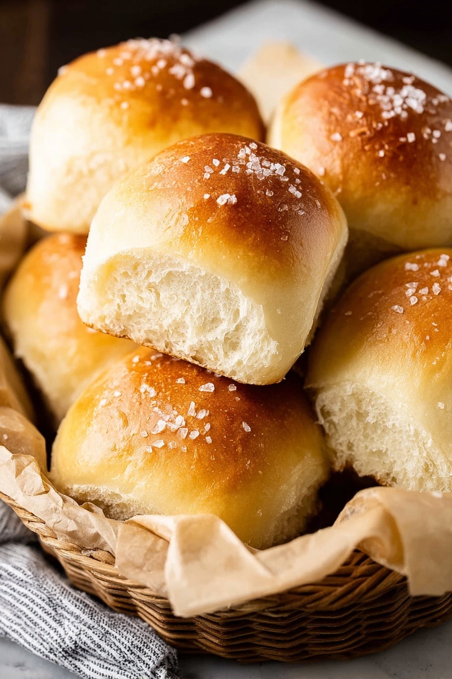 The image shows a close-up of three soft bread rolls in a baking pan lined with parchment paper. The rolls have a shiny, golden-brown top layer with a few sparkling grains of salt on one of them. The inside of the front roll is fluffy and white, with a light texture. The baking pan is dark and rests on a surface with a white marbled texture. photo taken with an iphone --ar 2:3 --v 7 - Best Homemade Dinner Rolls, soft fluffy dinner rolls, easy homemade bread rolls, buttery dinner rolls recipe, homemade dinner rolls