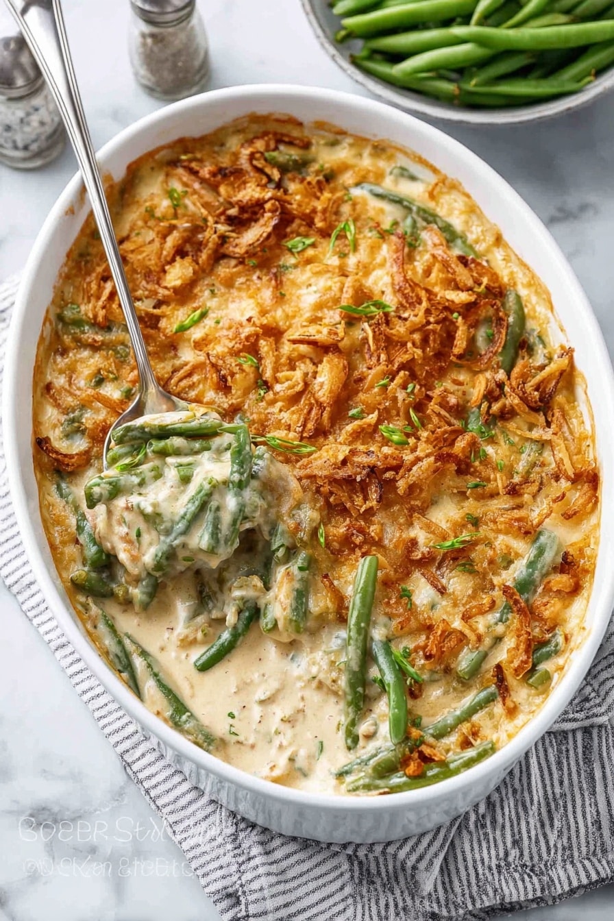 A white round baking dish filled with a creamy green bean casserole. The dish has three visible layers: the base is made of soft green beans mixed in a creamy, off-white sauce, the middle layer includes more green beans creating a textured look, and the top layer is a golden brown crust of crispy fried onions spread evenly. A silver spoon scoops some casserole out from one side, revealing the creamy inside and steam rising slightly. The dish sits on a white marbled surface with a striped cloth underneath on one side. photo taken with an iphone --ar 2:3 --v 7 - Creamy Green Bean Casserole with Crispy Onion Topping, green bean casserole, crispy onion topping recipe, holiday green bean side dish, easy green bean casserole