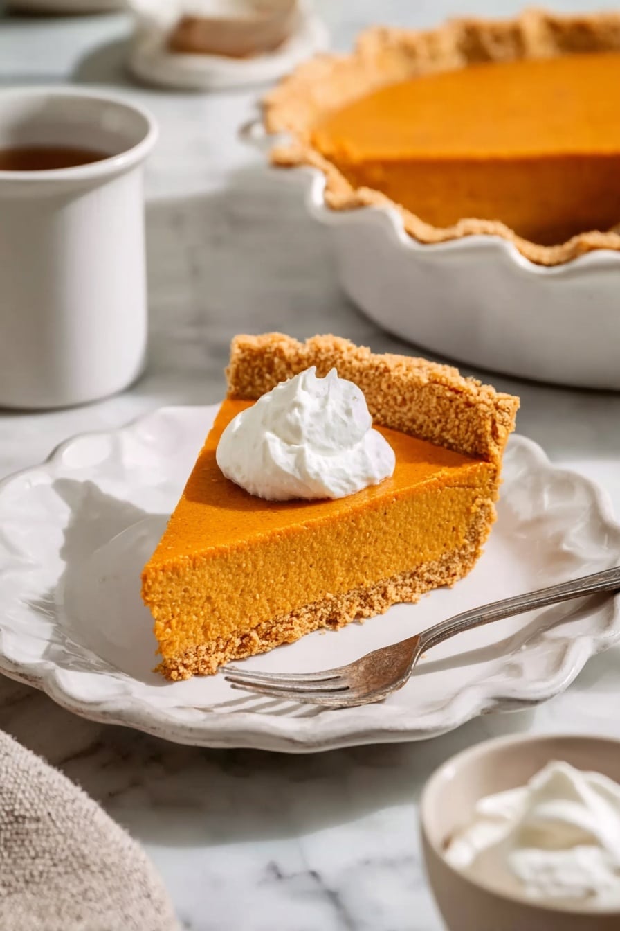A slice of pumpkin pie with two layers is shown on a white plate with a dotted pattern and a scalloped edge. The bottom crust layer is a golden brown and crumbly texture, supporting a thick, smooth orange pumpkin filling layer above it. A dollop of white whipped cream sits on top of the pumpkin layer. A silver fork is partly in the pie, holding a small piece of the pumpkin layer lifted slightly above the plate. The background is a white marbled texture. Photo taken with an iphone --ar 2:3 --v 7 - No-Bake Pumpkin Pie, pumpkin pie without baking, easy pumpkin pie recipe, fall dessert recipes, quick pumpkin pie