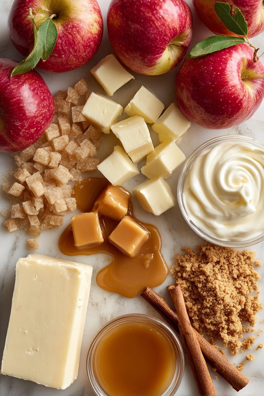 Flat lay of shiny red apples freshly chopped with bits of green leaves, small cubes of creamy salted butter with smooth edges, golden amber caramel sauce glistening in a soft pool, light brown sugar crystals loosely scattered with a sandy texture, a block of smooth white cream cheese resting beside a cinnamon stick with deep brown spiral layers, a small pile of crushed vanilla wafer crumbs with crumbly texture, dollops of thick sour cream alongside a splash of heavy whipping cream with a silky surface, all beautifully arranged in a natural and inviting manner, placed on white marbled surface, photo taken with an iphone --ar 2:3 --v 7 - Caramel Apple Cheesecake, fall-inspired cheesecake with caramel and apples, homemade caramel cheesecake, autumn dessert recipes, apple cheesecake with caramel sauce