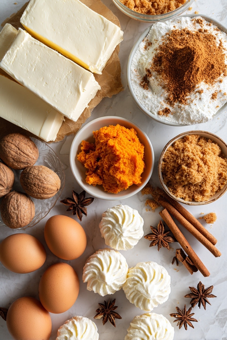 Flat lay of fresh cream cheese blocks with smooth, white creamy texture, bright orange pumpkin puree in a small bowl, warm golden brown graham cracker crumbs with coarse texture scattered lightly, shiny brown sugar crystals piled neatly, fresh whole eggs with smooth beige shells, fresh sour cream dollops with glossy white swirls, cinnamon sticks and whole nutmeg adding rich brown tones, several star anise pods for deep rust color, all artfully arranged with natural spacing and soft shadows, placed on white marbled surface, photo taken with an iphone --ar 2:3 --v 7 - Pumpkin Cheesecake Bars, pumpkin cheesecake dessert, fall pumpkin bars, easy pumpkin cheesecake, creamy pumpkin bars
