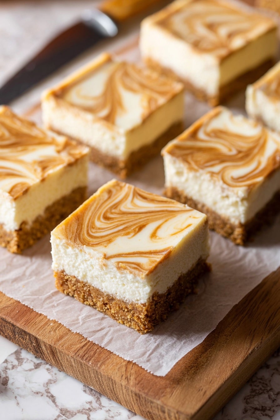 The image shows a slice of layered dessert with three layers. The bottom layer is crumbly and brown, resembling a baked crust. The middle layer is thick and creamy white, smooth and soft in texture. The top layer is thin with a light brown and white swirl pattern, creating a marbled effect. The dessert slice sits on a piece of parchment on a wooden surface, with other similar slices blurred in the background. The photo is taken with an iphone --ar 2:3 --v 7 - Pumpkin Cheesecake Bars, pumpkin cheesecake dessert, fall pumpkin bars, easy pumpkin cheesecake, creamy pumpkin bars