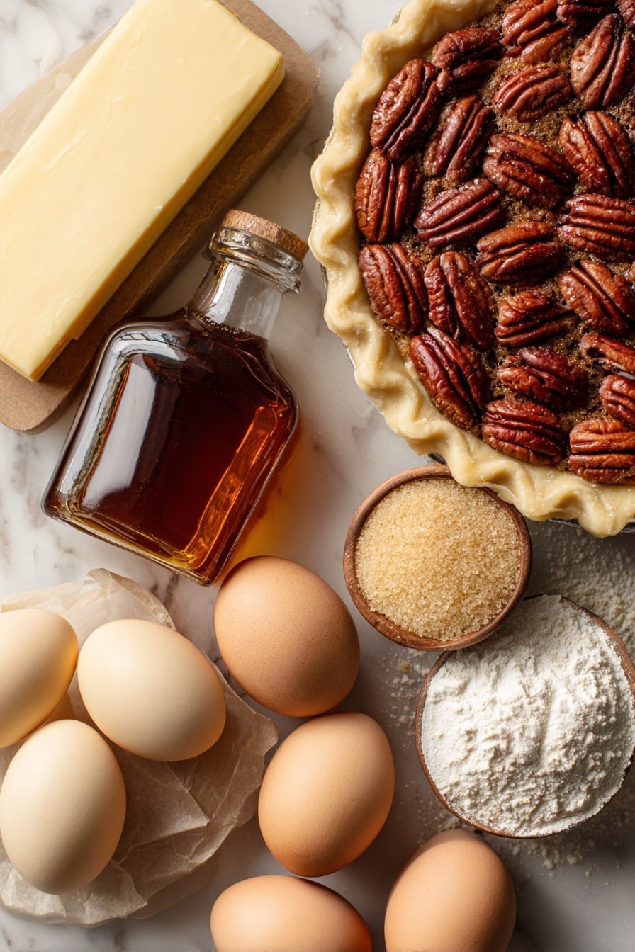 Flat lay of glossy pecan halves with rich, warm brown hues and intricate textures, a smooth slab of pale yellow salted butter, golden light corn syrup glistening softly, three large fresh eggs with smooth ivory shells, a small heap of light and dark golden granulated and brown sugars with a sparkling crystalline texture, a glass bottle of vanilla extract with deep amber liquid inside, and a round, pale beige unbaked homemade pie crust with a gently fluted edge, all arranged naturally with slight overlaps and shadows to highlight their freshness and color contrast, placed on white marbled surface, photo taken with an iphone --ar 2:3 --v 7 - Classic Pecan Pie, Pecan Pie Recipe, Easy Pecan Pie, Southern Pecan Pie, Best Pecan Pie