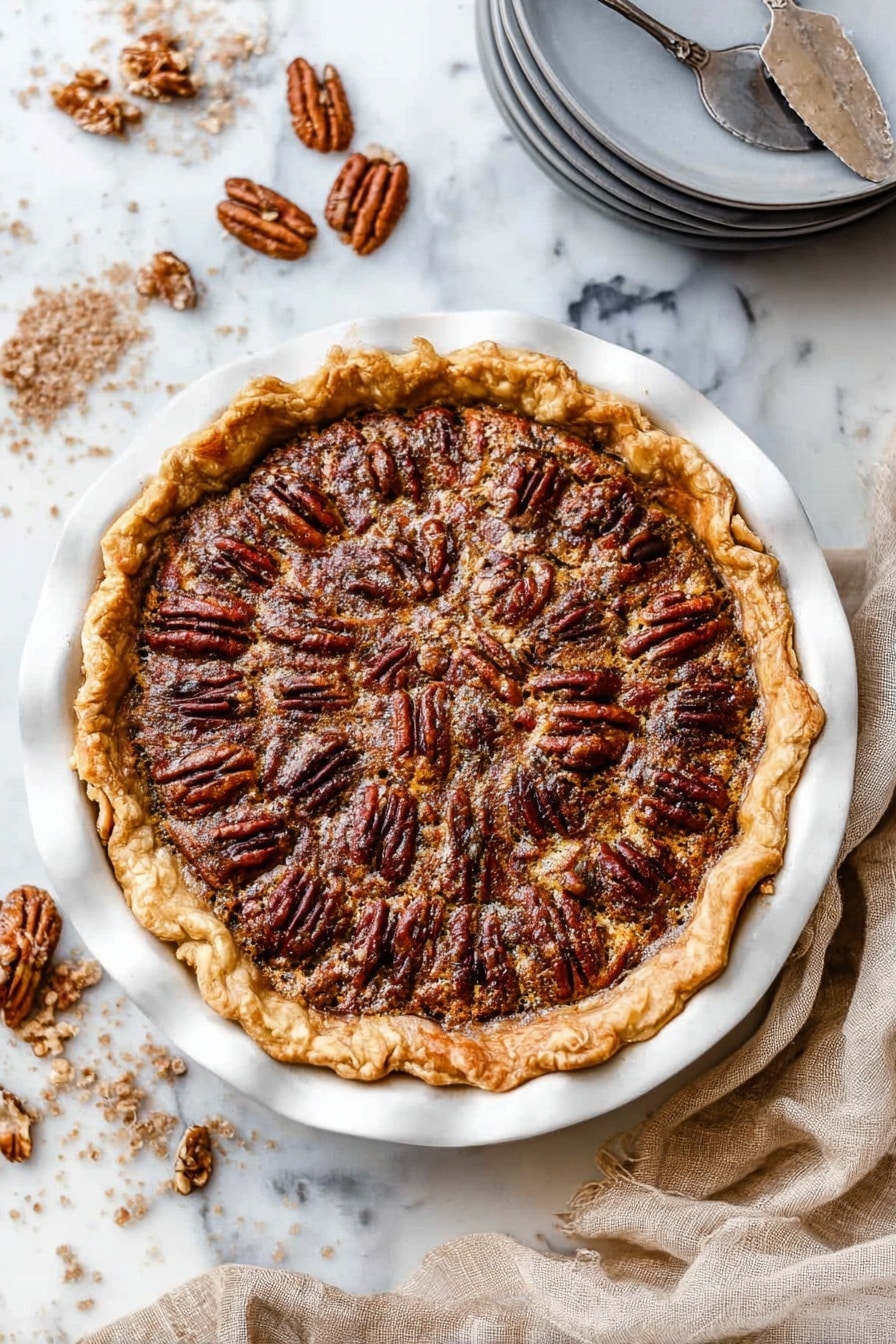 A close-up of a single slice of pecan pie on a white plate, showing three layers: a golden-brown flaky crust at the bottom and edges, a thick dark brown gooey filling in the middle clustered with glossy pecan halves on top, arranged unevenly but covering the surface well; crumbs are scattered around the slice on the plate, which sits on a white marbled surface, with a silver fork placed to the right side. Photo taken with an iphone --ar 2:3 --v 7 - Classic Pecan Pie, Pecan Pie Recipe, Easy Pecan Pie, Southern Pecan Pie, Best Pecan Pie