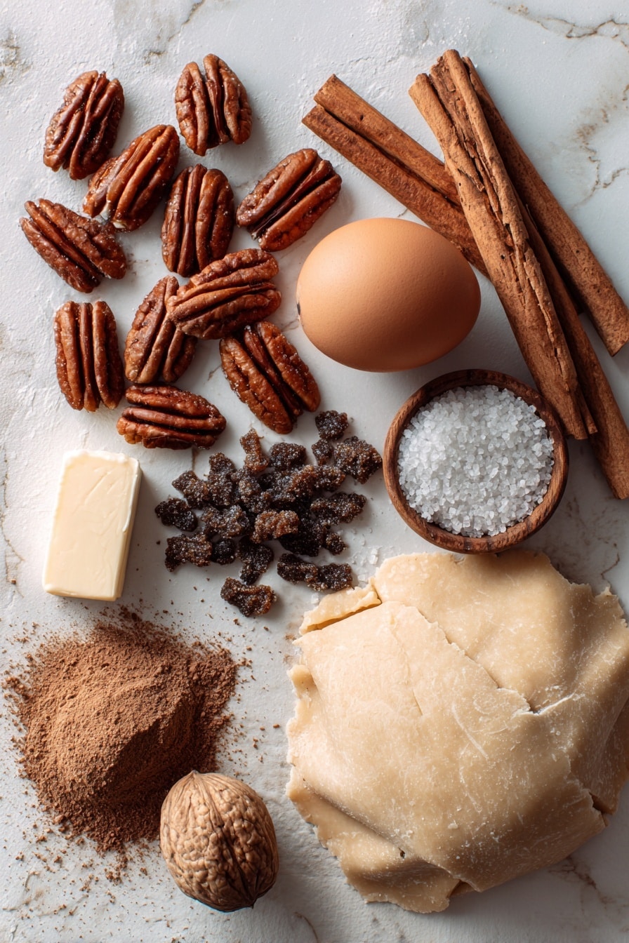 Flat lay of whole pecans with rich brown shells, a stick of unsalted butter melting gently at one side, a small pile of dark brown sugar crystals sparkling in the light, a fresh large brown egg with smooth shell, cinnamon sticks with rough texture and warm reddish-brown hue, a small heap of finely ground nutmeg powder with earthy tone, tiny white coarse sea salt flakes scattered naturally, and a rolled-out pale beige pie dough circle with soft folds and a slightly flour-dusted surface, all beautifully arranged in a casual yet artful manner placed on white marbled surface, photo taken with an iphone --ar 2:3 --v 7 - Mini Pecan Pies in a Muffin Pan, Pecan Pie Bites, Handheld Pecan Pies, Small Pecan Dessert, Pecan Pie for Holidays