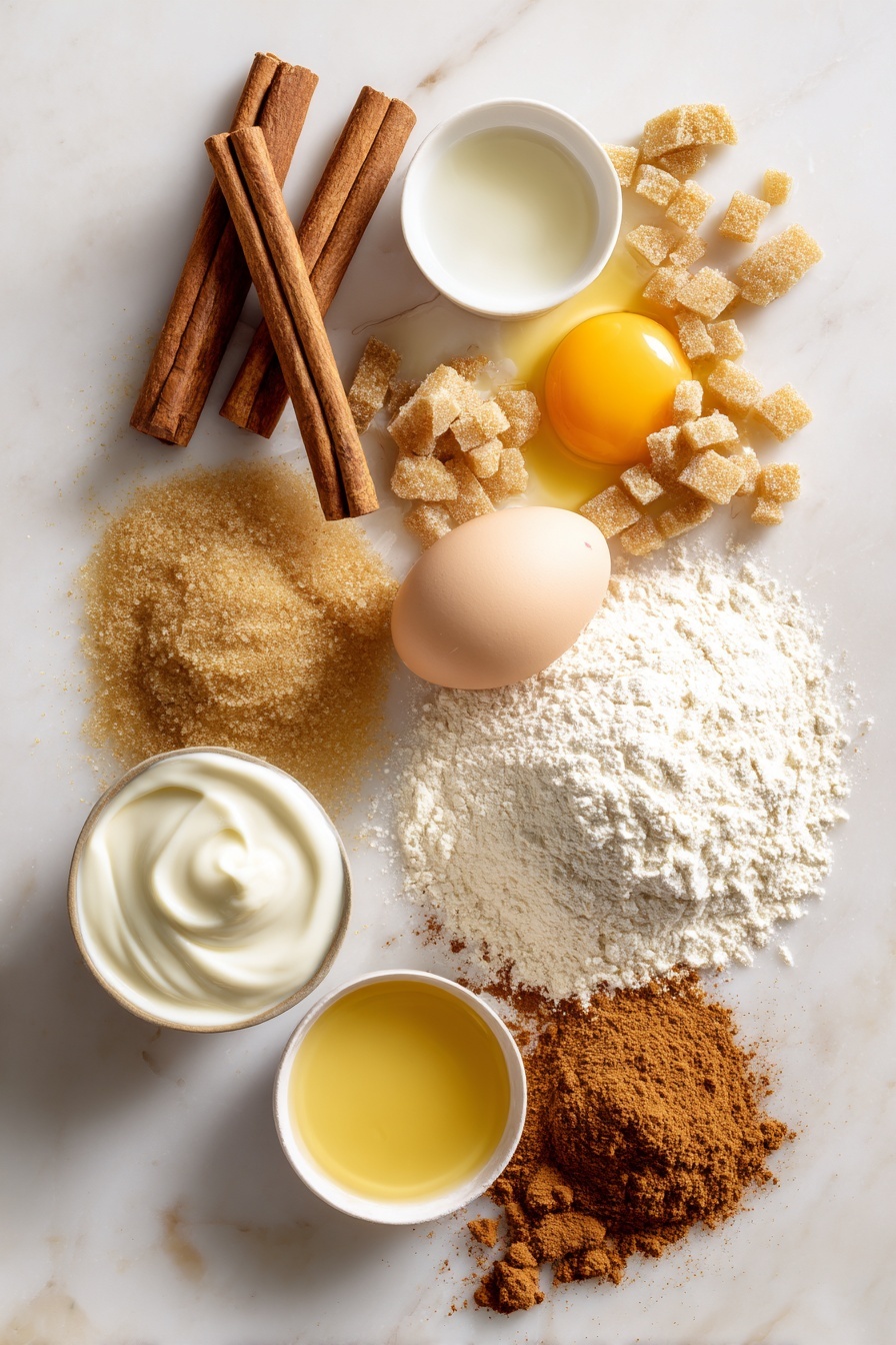Flat lay of warm brown cinnamon sticks with textured ridges, golden light brown packed brown sugar crystals, smooth creamy white yogurt dollops, fresh light yellow whole egg, rich golden melted butter pools, tiny piles of warm reddish-brown ground cinnamon and nutmeg powders, creamy off-white all-purpose flour scattered gently, and a small splash of fresh white milk, all beautifully arranged in natural loose clusters and soft mounds with varied textures, placed on white marbled surface, photo taken with an iphone --ar 2:3 --v 7 - Baked Cinnamon Sugar Donuts, easy baked donuts, homemade cinnamon donuts, tender baked donuts, cinnamon sugar dessert
