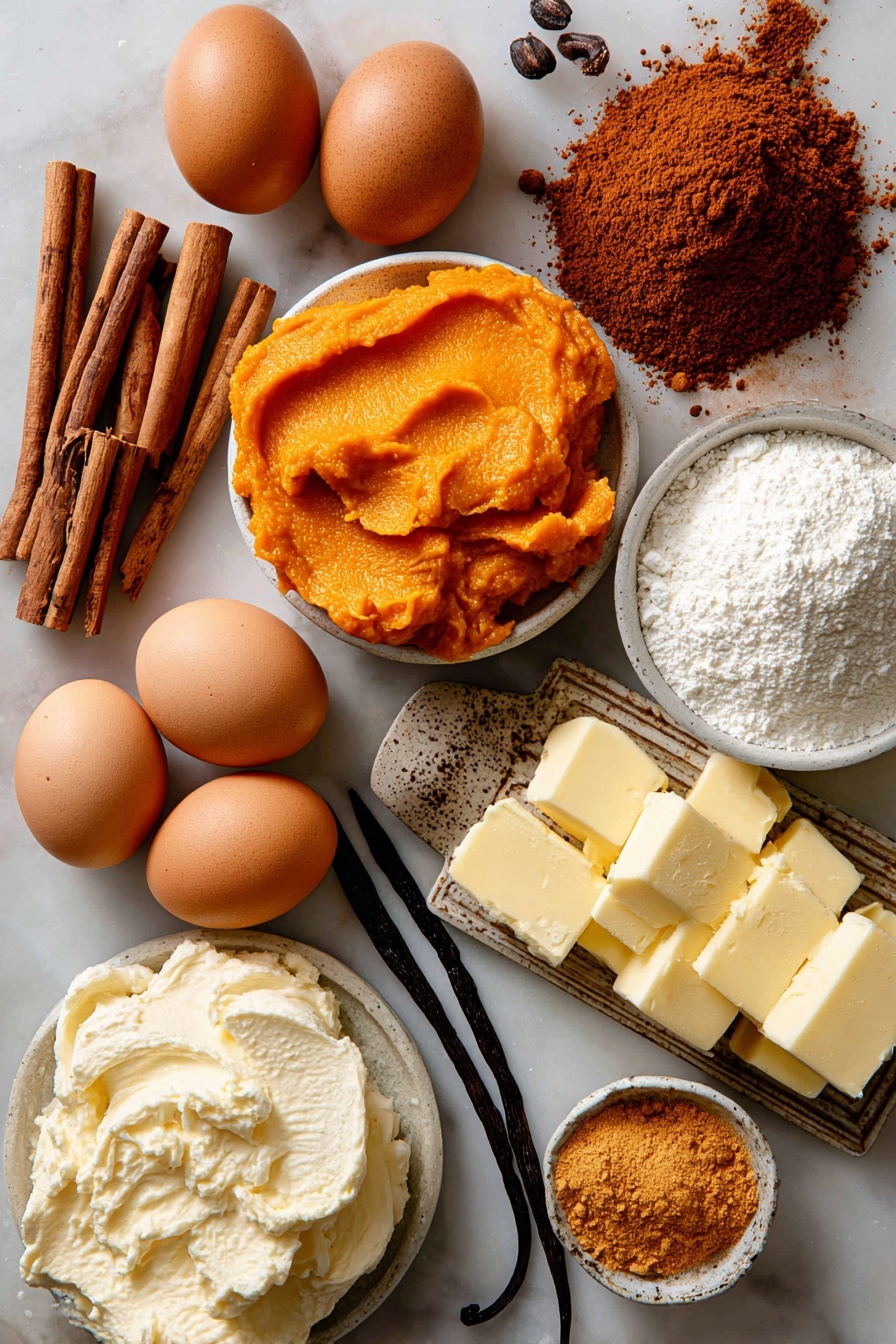 Flat lay of bright orange pumpkin puree dolloped next to warm brown cinnamon sticks and a small heap of earthy pumpkin pie spice powder, surrounded by shiny brown eggs with smooth shells, a mound of creamy white cream cheese, soft golden butter chunks, a scattering of fine white powdered sugar, and a small vanilla bean pod revealing glossy black seeds, all beautifully arranged with natural light enhancing their rich textures and colors, placed on white marbled surface, photo taken with an iphone --ar 2:3 --v 7 - Pumpkin Roll with Cream Cheese Filling, pumpkin roll dessert, fall pumpkin cake, pumpkin roll recipe, easy pumpkin roll