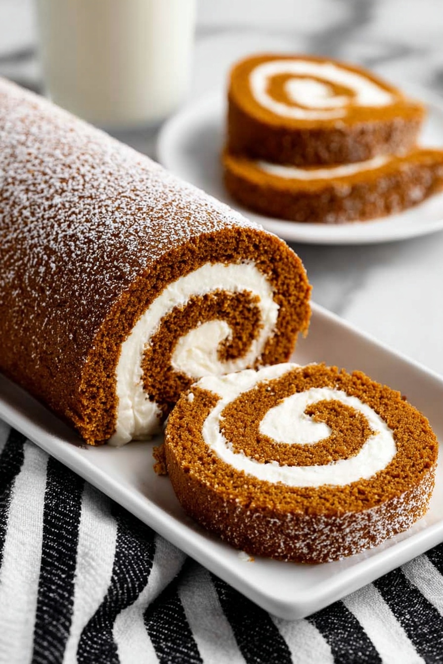 The image shows two views of a rolled cake on a white plate placed on a white marbled surface. The cake has two main layers: the outer layer is a soft, brown sponge with a slightly rough texture, and inside it is a thick layer of smooth, white cream rolled into a spiral shape. In the left part of the image, the whole roll is visible with a light dusting of white powdered sugar on top. On the right side, a single round slice of the cake displays the spiral cream and sponge layers clearly. Nearby, a striped cloth and a cinnamon stick rest on the white marbled surface, adding a cozy touch. Photo taken with an iphone --ar 2:3 --v 7 - Pumpkin Roll with Cream Cheese Filling, pumpkin roll dessert, fall pumpkin cake, pumpkin roll recipe, easy pumpkin roll