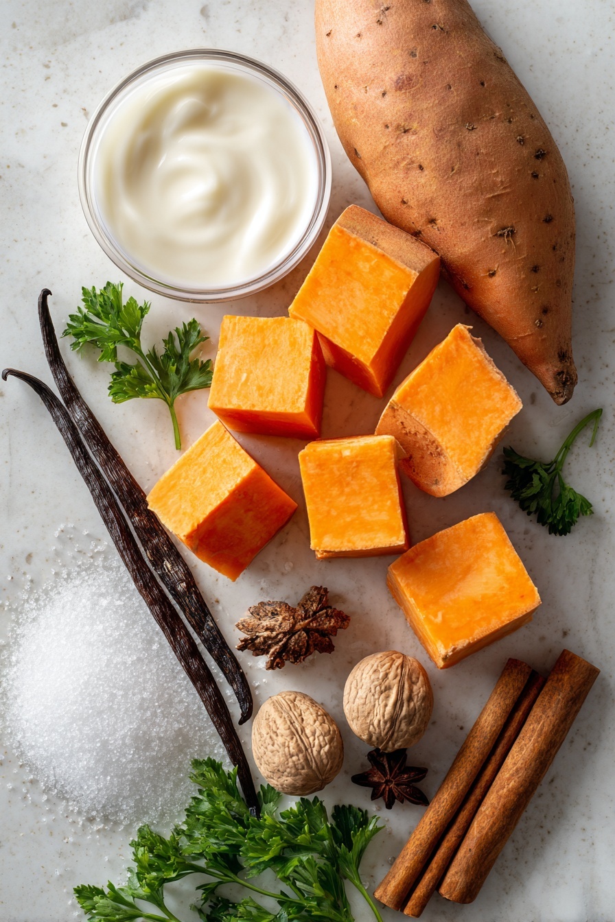 Flat lay of two medium sweet potatoes, peeled and roughly diced showing their bright orange flesh and smooth skin, a split vanilla bean pod with glossy black seeds exposed, two cinnamon sticks with rich brown textured bark, one whole nutmeg featuring its round, slightly rough beige surface, a small pile of white granulated sugar sparkling softly, a small bowl of creamy white heavy cream with a smooth texture, and a few fresh green sprigs of parsley for a touch of color, all beautifully arranged in a natural, slightly scattered pattern with warm tones and contrasting textures, placed on white marbled surface, photo taken with an iphone --ar 2:3 --v 7 - Silky Sweet Potato Pie, sweet potato pie dessert, creamy sweet potato pie, homemade sweet potato pie, spiced sweet potato pie