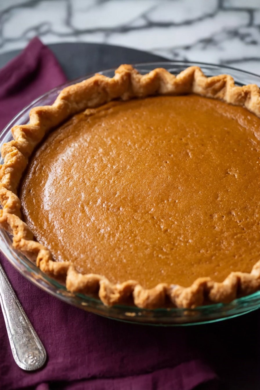A single slice of pumpkin pie sits on a white plate, showing two layers: a thick, smooth orange pumpkin filling on the bottom, and a golden, flaky crust on the top and sides with crimped edges. On the top edge of the pie slice, a line of white whipped cream is piped in small swirls. A silver fork rests next to the slice on the plate. In the background, a larger pumpkin pie in a clear glass pie dish is slightly visible, also topped with whipped cream. The whole scene is on a white marbled surface with a dark purple cloth in the background. Photo taken with an iphone --ar 2:3 --v 7 - Silky Sweet Potato Pie, sweet potato pie dessert, creamy sweet potato pie, homemade sweet potato pie, spiced sweet potato pie