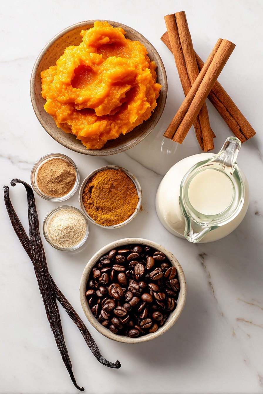 Flat lay of bright orange pumpkin puree dolloped next to warm brown cinnamon sticks, small piles of golden pumpkin pie spice and amber maple syrup glistening in light, fresh vanilla bean pods with smooth pale seeds visible, a small mound of rich dark roasted coffee beans, creamy white milk in a glass jug, all beautifully arranged with contrast and texture placed on white marbled surface, photo taken with an iphone --ar 2:3 --v 7 - Pumpkin Spice Latte, cozy fall coffee, homemade pumpkin spice drink, easy pumpkin latte, pumpkin spice coffee recipe