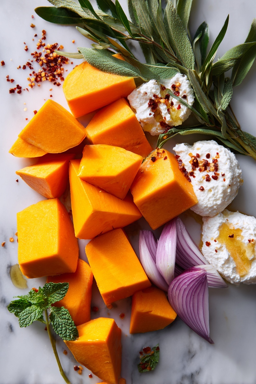Flat lay of vibrant orange butternut squash cubes with smooth skin and soft flesh, thinly sliced pale purple shallots arranged in delicate layers, small fresh green mint leaves with textured veins scattered naturally, creamy white ricotta cheese dollops showing their soft, whipped texture, golden honey glistening in a small pool catching the light, glossy green olive branches with plump olives, and tiny red chili flakes sprinkled lightly nearby, all placed on white marbled surface, photo taken with an iphone --ar 2:3 --v 7 - Butternut Squash Crostini with Honeyed Shallots and Fresh Mint, roasted butternut squash appetizer, holiday crostini recipes, easy gourmet appetizer, fall party snacks
