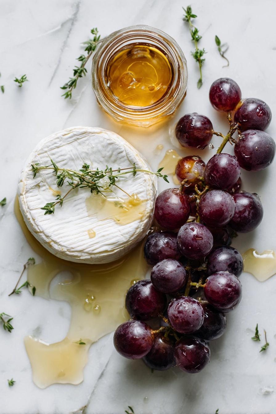 Flat lay of a round wheel of creamy brie cheese with its soft white rind, a small bunch of plump, deep purple grapes with a slight bloom, a slender fresh thyme sprig with tiny green leaves, and a small glass jar of golden honey showing its thick, glossy texture, arranged naturally with some scattered honey drips nearby, all placed on white marbled surface, photo taken with an iphone --ar 2:3 --v 7 - Baked Brie with Honey and Thyme, baked brie appetizer, easy baked cheese, honey thyme cheese dip, party appetizer ideas