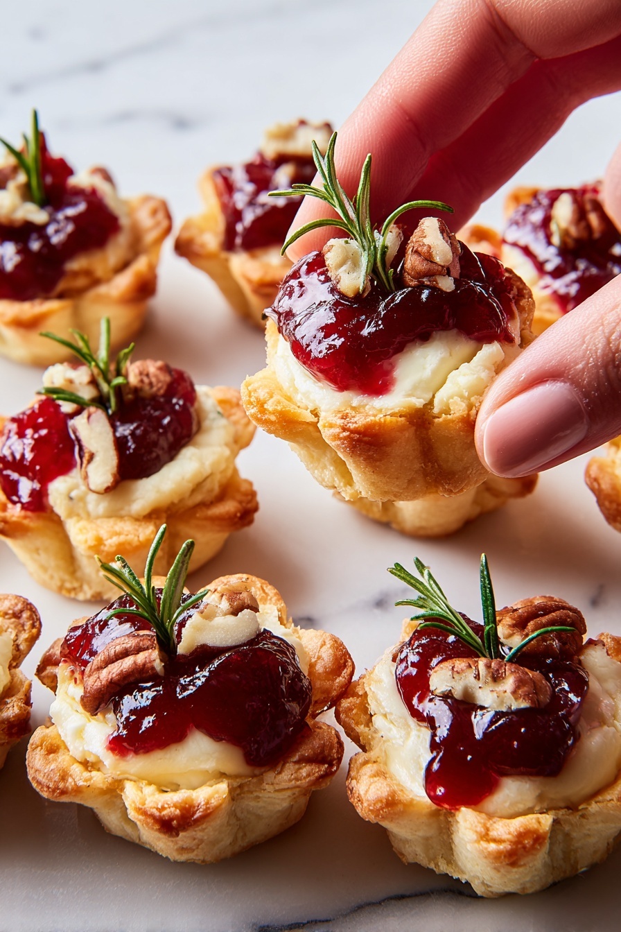The image shows several small tartlets arranged closely on a white marbled surface. Each tartlet has a golden-brown crispy shell base shaped like a flower with slightly raised edges. Inside, there is a creamy white layer of soft cheese filling, topped with a bright red cranberry sauce dollop that looks shiny and thick. On top of the cranberry sauce are small pieces of pale brown pecans and a small sprig of fresh green rosemary sitting upright. One tartlet is being held gently by a woman's hand on the right side, lifting it slightly above the others, showing the layers clearly. photo taken with an iphone --ar 2:3 --v 7 - Cranberry Brie Bites, holiday appetizer recipes, easy party snacks, cranberry and brie appetizers, festive appetizer ideas