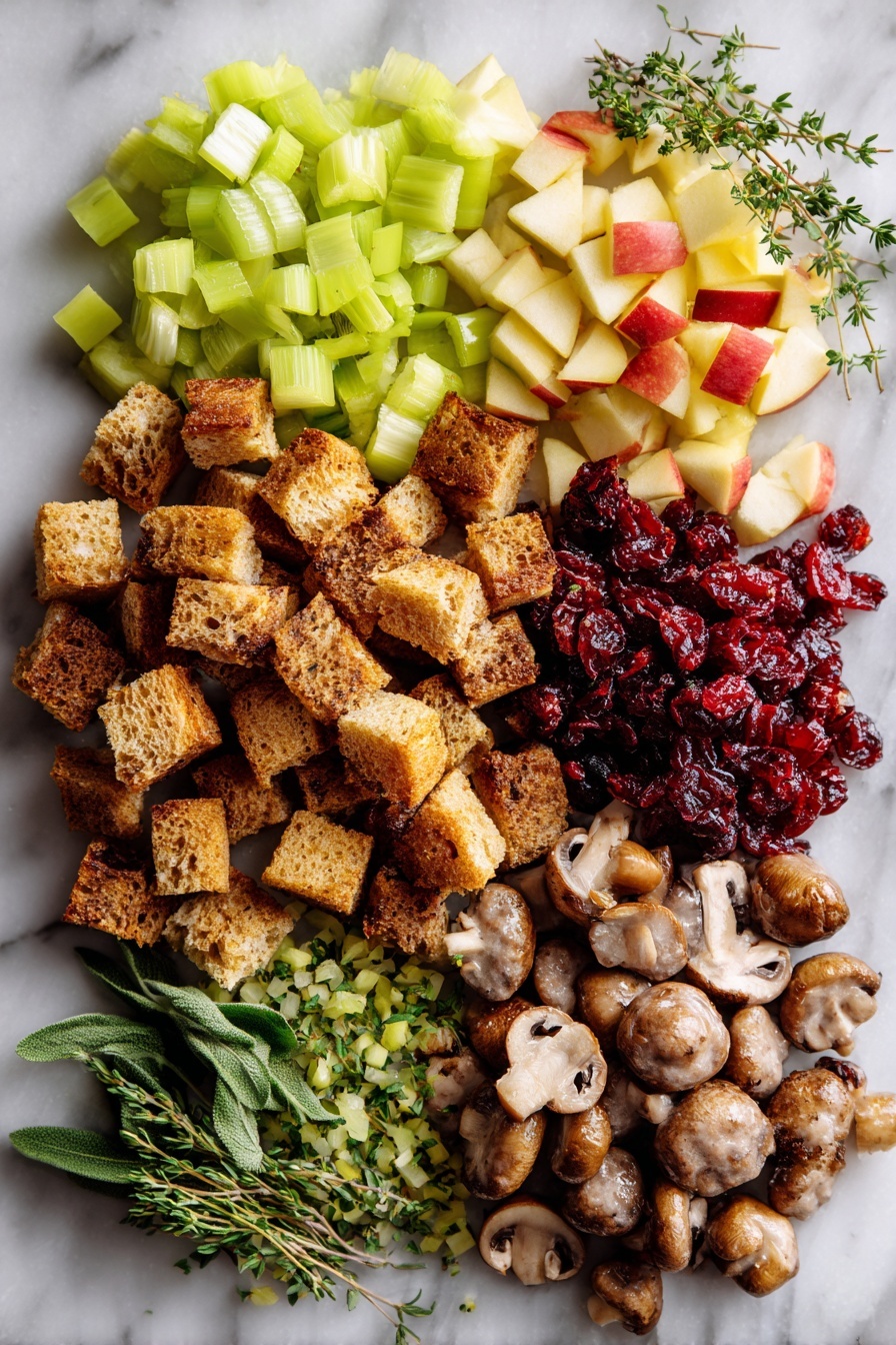 Flat lay of golden toasted whole wheat bread cubes, plump mild Italian sausage links, diced crisp green celery stalks, chopped sweet yellow onion, fresh bright green thyme, sage, and parsley leaves, juicy diced red apples, earthy brown mushrooms, and a small pile of dried cranberries, all beautifully arranged in clusters with natural spacing, placed on a white marble surface, photo taken with an iphone --ar 2:3 --v 7 - Sausage & Herb Stuffing, savory holiday stuffing, herb and sausage stuffing, flavorful bread stuffing, easy stuffing recipe