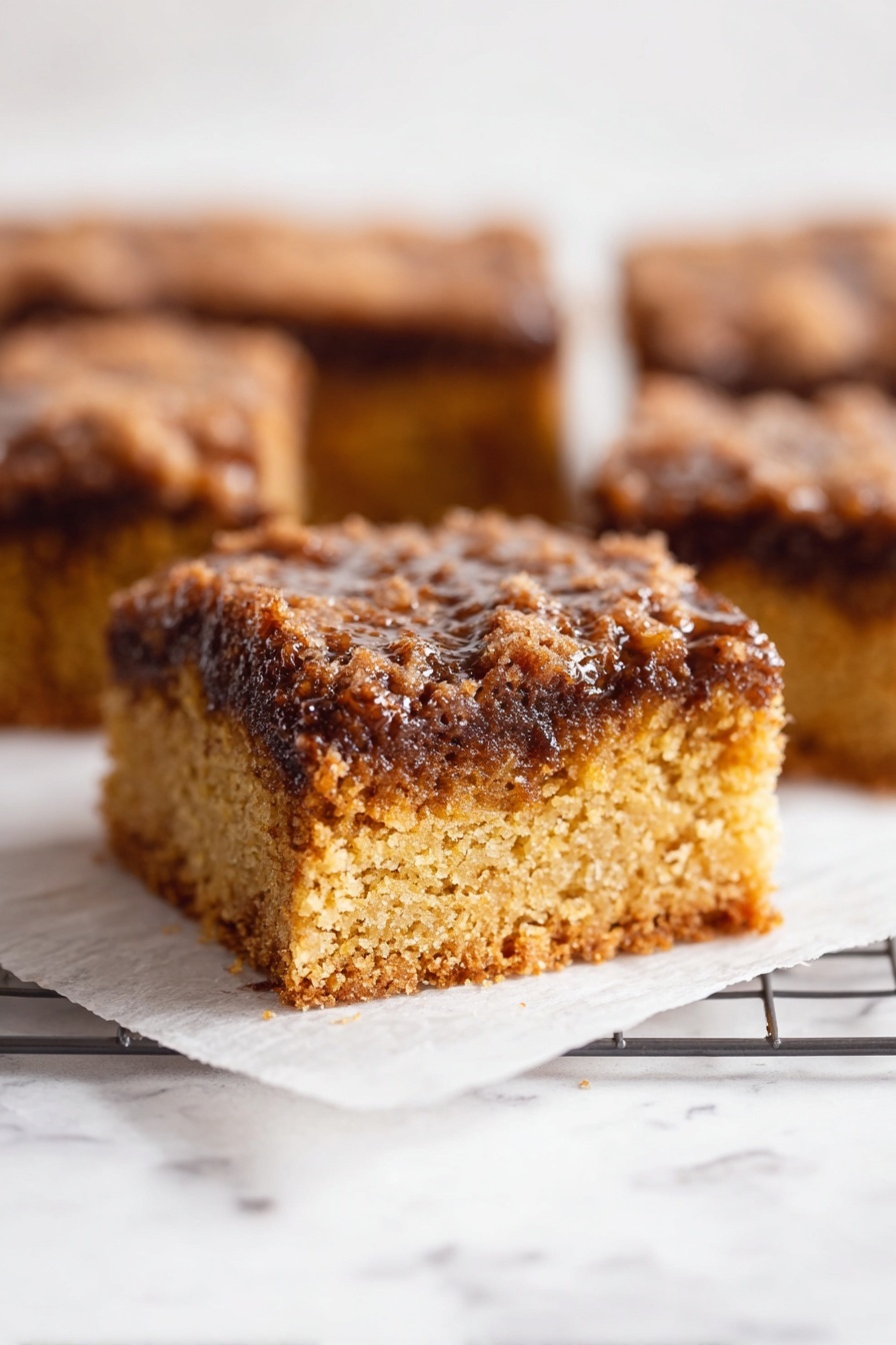 A square pastry cut into nine smaller squares sits on white parchment paper over a dark wire cooling rack, which rests on a white marbled surface. The pastry has a crumbly brown streusel topping that looks crunchy and uneven, with white icing drizzled over it in thin, irregular lines. Around the edges, some crumbs are scattered, and two clear glasses filled with milk are partially visible at the top and left side of the image. photo taken with an iphone --ar 2:3 --v 7 - Pumpkin Coffee Cake with Maple Glaze and Crumb Topping, fall pumpkin dessert, pumpkin coffee cake recipe, easy pumpkin coffee cake, pumpkin cake with maple glaze