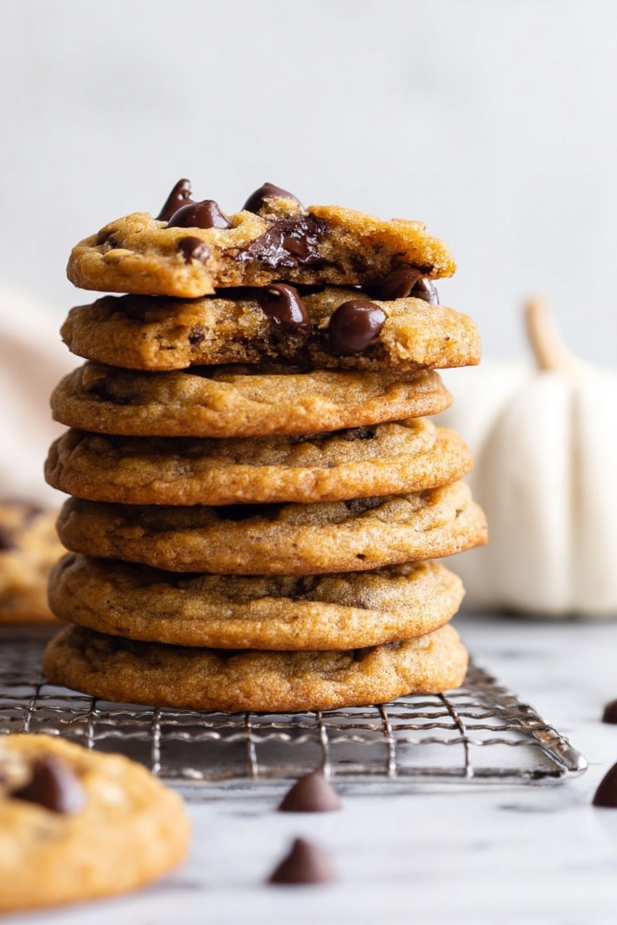 A tall stack of six golden brown cookies sits on a metal cooling rack on a white marbled surface. The top cookie is broken in half, showing melted dark chocolate inside while several shiny chocolate chips peek from the cookie tops. Some chocolate chips lie on the white marbled surface near the stack. A small white pumpkin is softly blurred in the background. The cookies look soft and slightly thick with a slightly rough texture from the oats or chocolate chips, and the overall scene is bright and cozy. Photo taken with an iphone --ar 2:3 --v 7 - Chewy Pumpkin Chocolate Chip Cookies, pumpkin spice cookies, fall cookie recipes, soft pumpkin cookies, chocolate chip cookie ideas