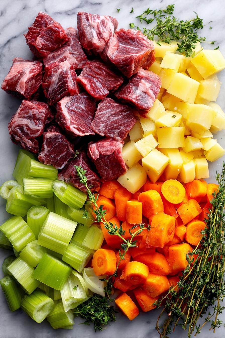 Flat lay of raw beef chuck stew meat cut into cubes, fresh celery ribs cut into pieces, bright orange carrot chunks, peeled parsnips slices, peeled russet potato cubes, a medium chopped yellow onion, sprigs of fresh thyme, and a small pile of chopped fresh parsley leaves, all beautifully arranged on a white marble surface, photo taken with an iphone --ar 2:3 --v 7 - Beef Stew, Easy Beef Stew, Comfort Food Recipes, Hearty Beef Stew, Classic Dinner Ideas