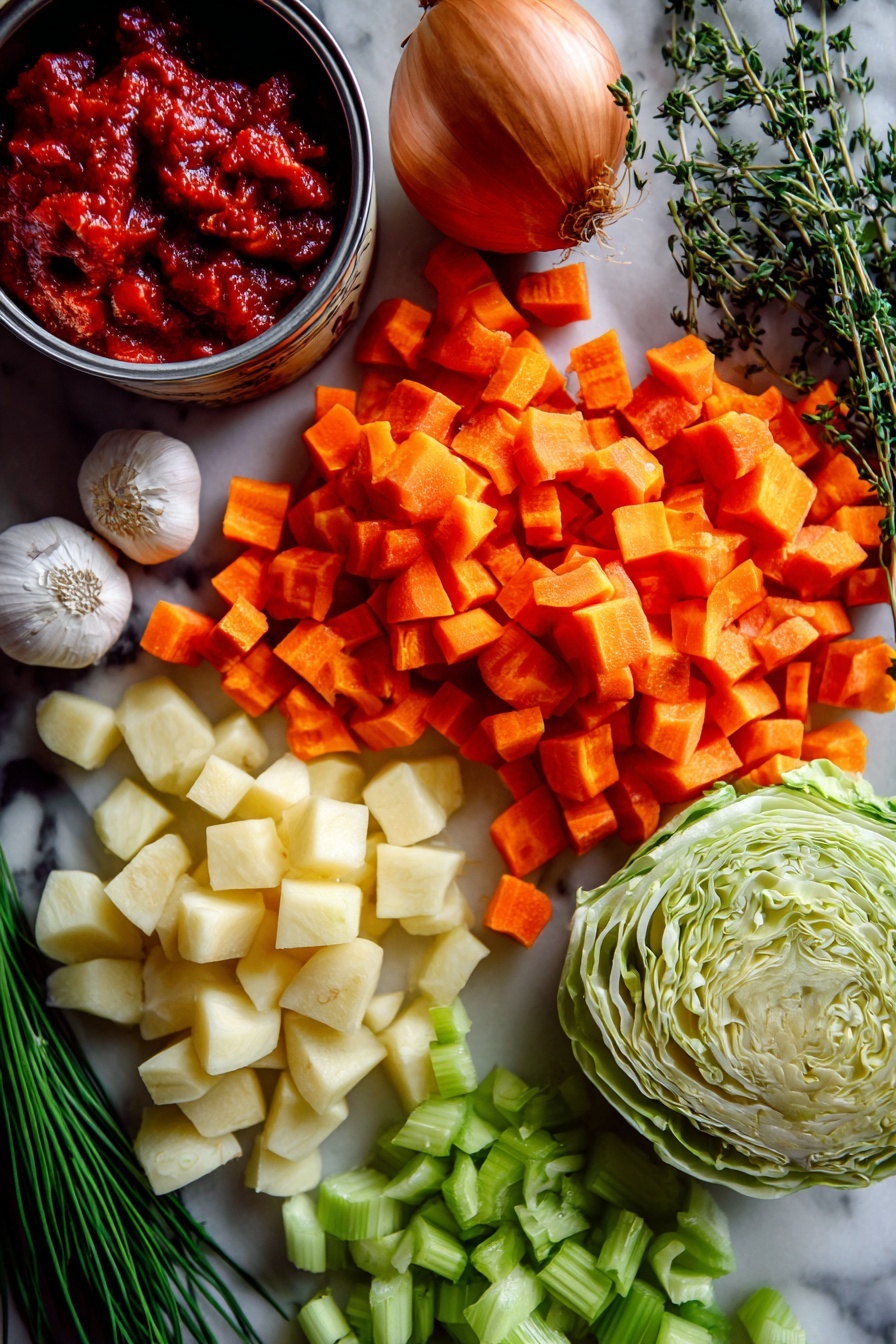 Flat lay of peeled parsnips cut into thick slices, bright orange diced carrots, fresh green celery ribs chopped finely, a medium yellow onion with its papery skin, plump garlic cloves unpeeled, vibrant green thinly sliced cabbage, a can of drained diced tomatoes showing rich red chunks, a small pile of deep red tomato paste, and fresh sprigs of parsley and chives, all beautifully arranged on a white marble surface, photo taken with an iphone --ar 2:3 --v 7 - Healthy Parsnip Shepherd's Pie, Parsnip Shepherd's Pie, Healthy Shepherd's Pie Recipe, Wholesome Parsnip Shepherd's Pie, Easy Healthy Shepherd's Pie