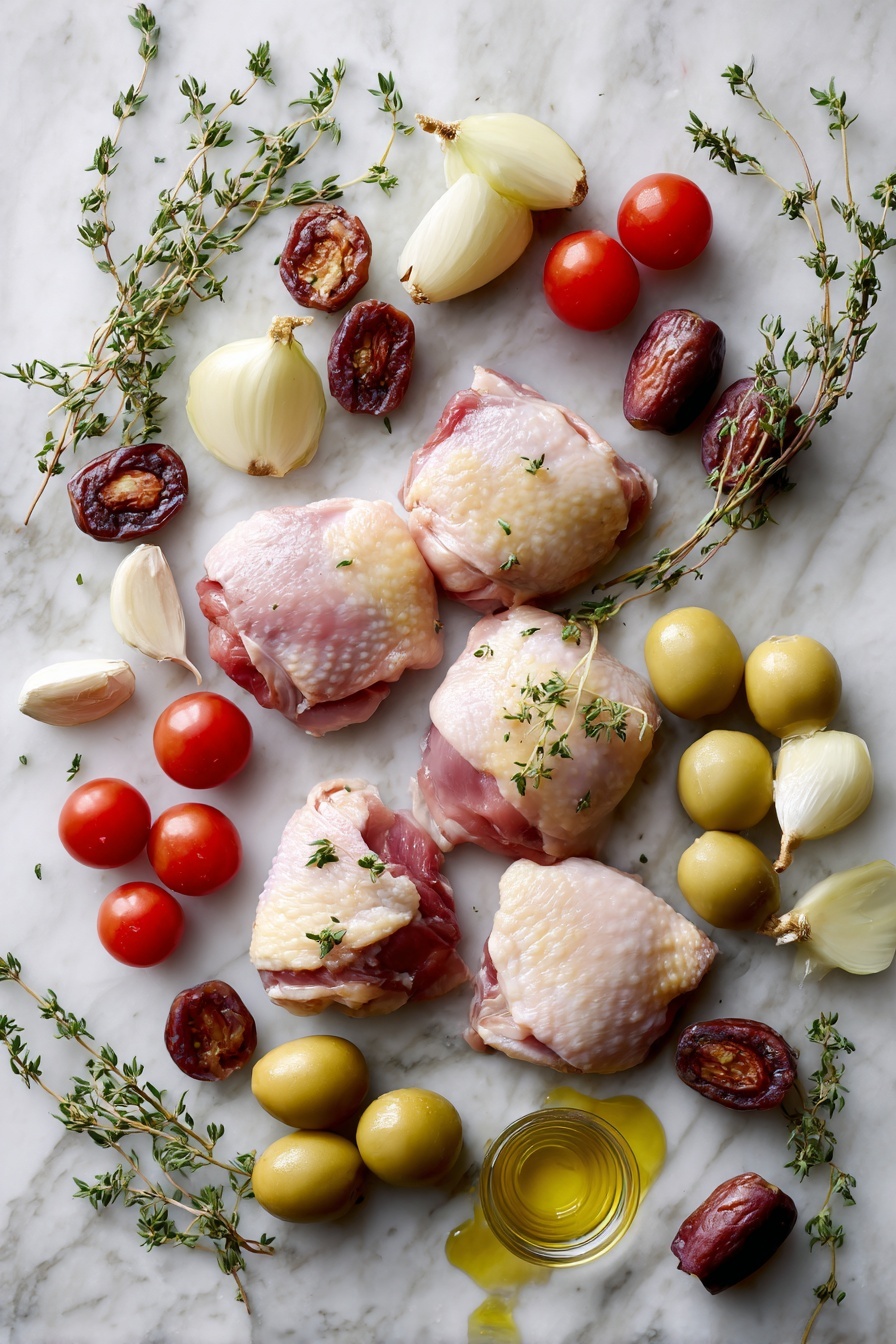 Flat lay of bone-in skin-on chicken thighs, fresh thyme sprigs, peeled garlic cloves, halved shallots, bright red cherry tomatoes, halved pitted dates, green olives, and a small drizzle of golden extra-virgin olive oil, all beautifully arranged in a natural, colorful composition placed on a white marble surface, photo taken with an iphone --ar 2:3 --v 7 - Chicken Provençal, Provençal chicken with olives and dates, French chicken dish, rustic Provençal chicken recipe, Mediterranean chicken dinner