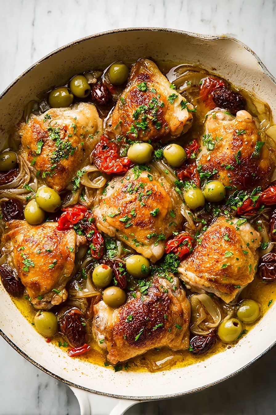 A white pan filled with six golden brown chicken thighs with crispy skin as the top layer, surrounded by bright green olives scattered all over. The second layer includes small roasted cherry tomatoes, whole cloves of garlic, and soft translucent onion pieces resting next to the chicken. Dark brown dates are also spread out, adding another texture beneath the chicken and olives. Fresh chopped green parsley is sprinkled on top, adding a fresh contrast to the warm colors. The dish sits on a white marbled surface. Photo taken with an iphone --ar 2:3 --v 7 - Chicken Provençal, Provençal chicken with olives and dates, French chicken dish, rustic Provençal chicken recipe, Mediterranean chicken dinner