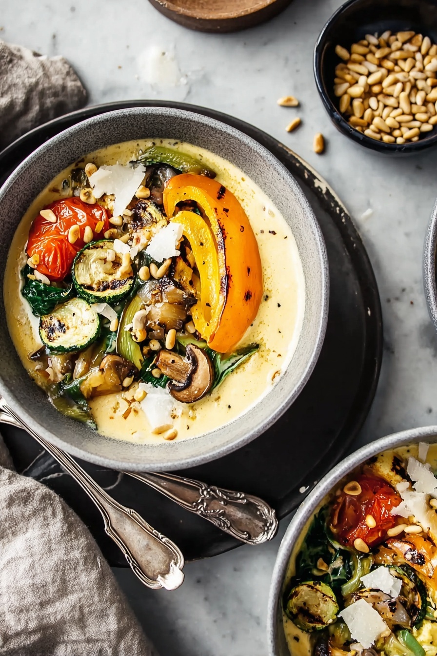 A bowl filled with a creamy yellow polenta base sprinkled with black pepper and pine nuts. On top, there is a colorful mix of vegetables arranged in a row: red roasted tomato, orange bell pepper, grilled mushroom, grilled zucchini, sautéed onions, and green leafy bok choy. Small pieces of white cheese are scattered over the vegetables and polenta. The bowl is white and set on a wooden board with a metal spoon resting next to it. The background has a white marbled texture. Photo taken with an iphone --ar 2:3 --v 7 - Creamy Goat Cheese Polenta with Ratatouille, goat cheese polenta, ratatouille recipe, creamy vegetable side dish, easy vegetarian dinner