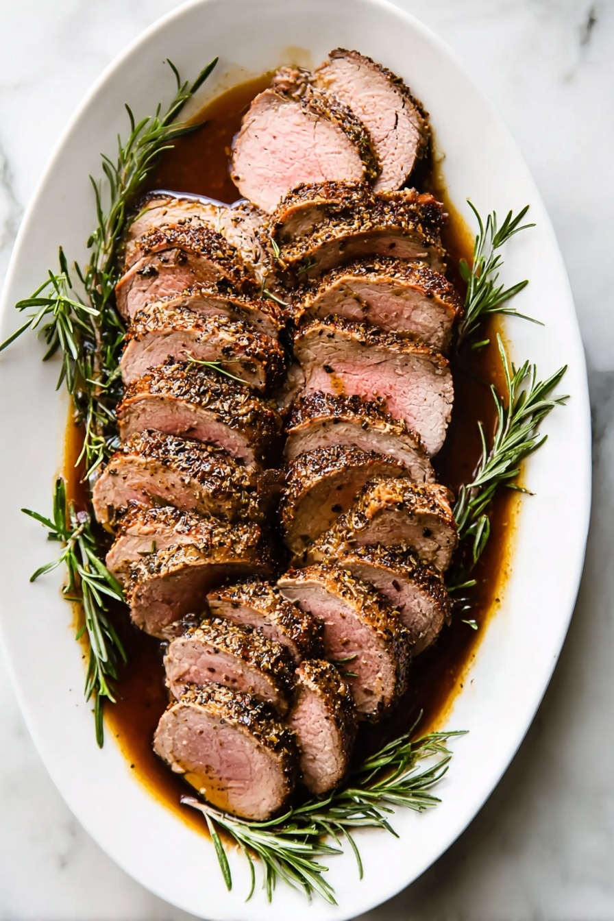 A white plate filled with two layers of sliced cooked meat with brown edges and light pink inside. The slices are arranged overlapping each other across the plate. Small green rosemary sprigs are scattered between and on top of the meat slices, adding color contrast. The plate sits on a white marbled surface. Photo taken with an iphone --ar 2:3 --v 7 - Herb Crusted Pork Roast with Port Wine Sauce, pork roast with herb crust, port wine pork tenderloin, flavorful pork roast recipe, elegant pork dinner ideas