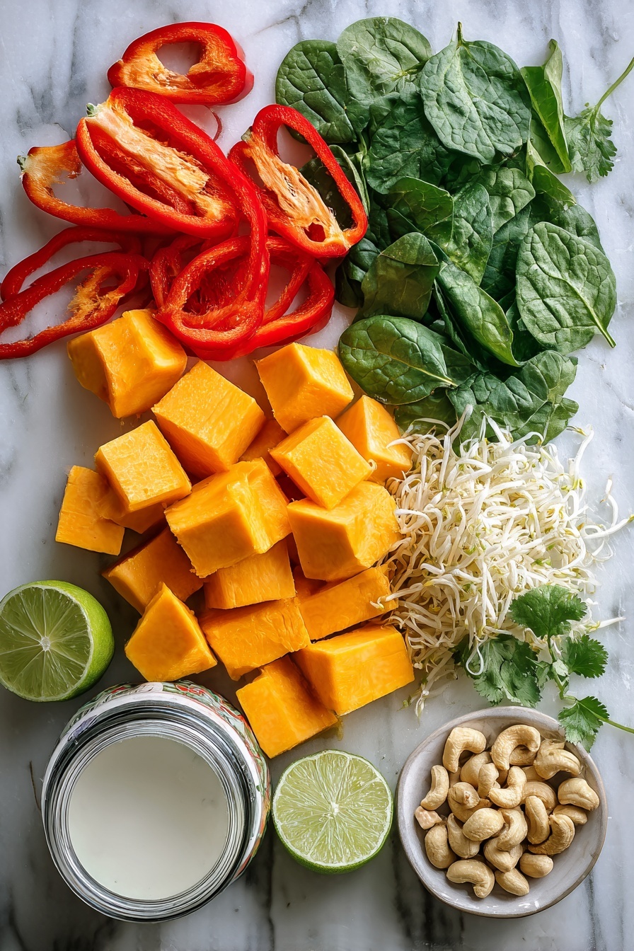 Flat lay of vibrant sugar pie pumpkin cubes, bright red bell pepper slices, fresh green baby spinach leaves, shredded boneless skinless chicken breast, a halved lime showing its juicy interior, small piles of toasted cashews, fresh cilantro sprigs, and a can of creamy full-fat coconut milk, all beautifully arranged on a white marble surface, photo taken with an iphone --ar 2:3 --v 7 - Slow Cooker Chicken Pumpkin Curry, Thai pumpkin curry, easy pumpkin chicken curry, fall comfort food, healthy slow cooker recipes