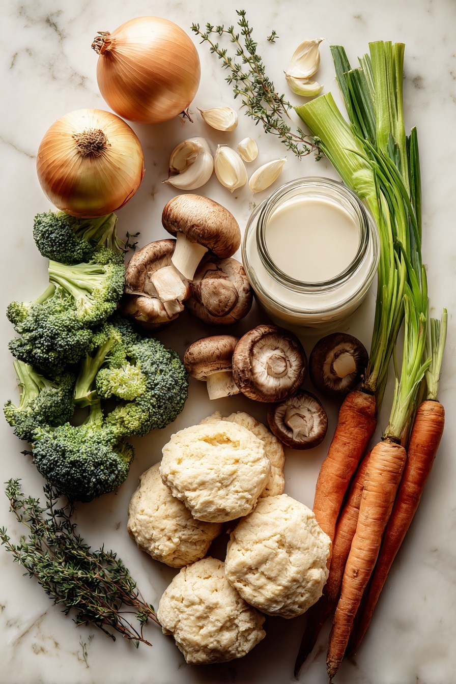 Flat lay of fresh yellow onion, bright orange carrots, crisp celery stalks, earthy brown mushrooms, peeled garlic cloves, vibrant green broccoli florets, creamy whole milk in a small glass jar, fresh thyme sprigs, and a mound of soft biscuit dough, all beautifully arranged on a white marble surface, photo taken with an iphone --ar 2:3 --v 7 - Biscuit Vegetable Pot Pie Casserole, hearty vegetable pot pie, easy comfort casserole, homemade biscuit topping, veggie pot pie recipe