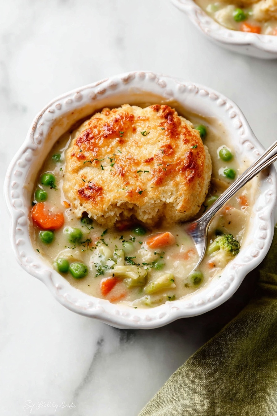 This image shows a baking dish filled with a thick stew base of green peas, orange carrot slices, and small bits of celery in a creamy light beige sauce. On top, there are several large round biscuit-like dumplings with a golden-brown crust and soft, crumbly texture. The dumplings are lightly browned on top with specks of black pepper and bits of green herb inside. The baking dish is white, and the whole scene is on a white marbled surface. Photo taken with an iphone --ar 2:3 --v 7 - Biscuit Vegetable Pot Pie Casserole, hearty vegetable pot pie, easy comfort casserole, homemade biscuit topping, veggie pot pie recipe