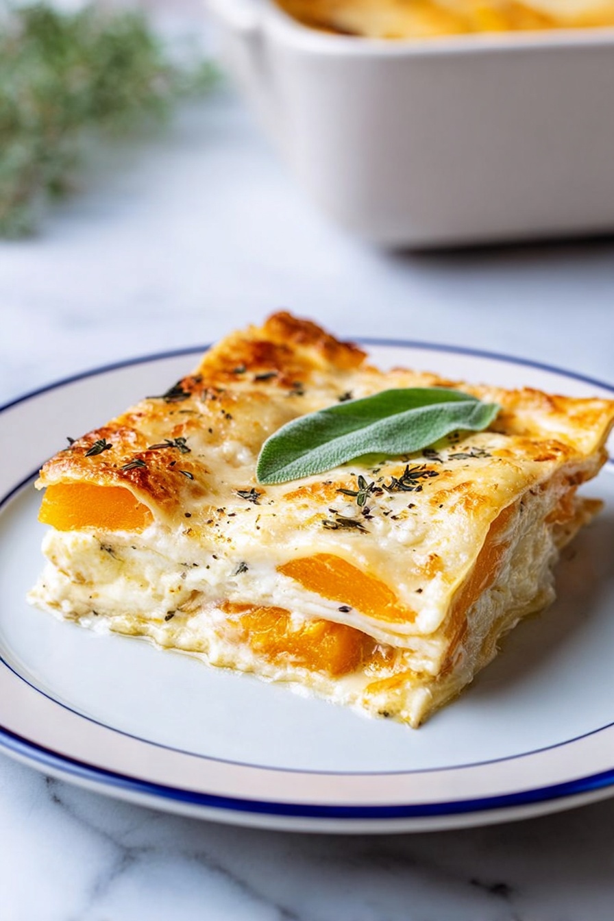 A white rectangular baking dish holds a cheesy layered casserole with three visible layers, topped with a golden-brown melted cheese layer scattered with fresh green herb leaves. The top cheese layer is creamy white with browned spots and sprinkled with small dried herb bits. Below this, a bright yellow-orange layer peeks out near the edges, contrasting with the creamy top. One square piece is partially lifted by a wooden spatula, showing a soft, rich texture inside. The dish sits on a white marbled surface next to a beige cloth and scattered fresh herbs. Photo taken with an iphone --ar 2:3 --v 7 - Butternut Squash Lasagna with Sage, vegetarian butternut squash lasagna, cozy fall lasagna recipes, homemade butternut squash casserole, healthy baked lasagna with sage