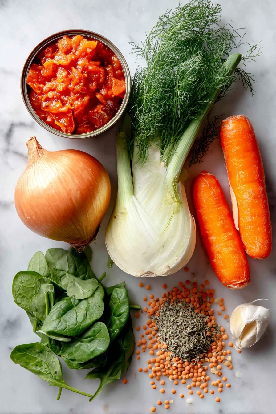 Flat lay of a medium yellow onion, a fresh fennel bulb with feathery fronds, two large bright orange carrots, a single peeled garlic clove, uncooked brown lentils scattered in a small pile, a can of diced fire roasted tomatoes with rich red pieces visible, fresh vibrant baby spinach leaves loosely spread out, and a small mound of dried oregano, placed on a white marble surface, photo taken with an iphone --ar 2:3 --v 7 - Best Lentil Soup, hearty lentil soup recipe, easy lentil soup, healthy lentil soup, comforting lentil soup
