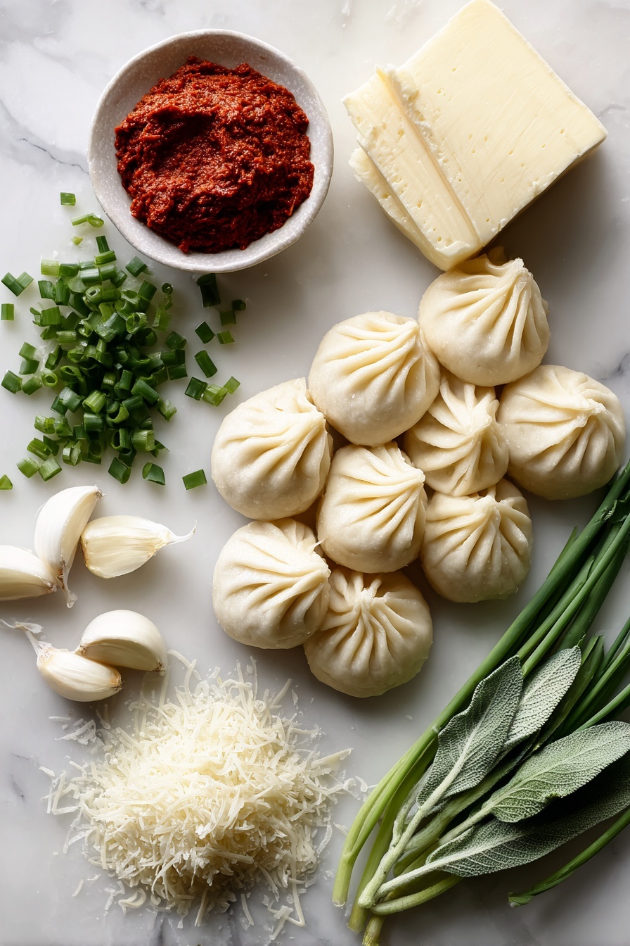 Flat lay of frozen soup dumplings arranged in a crescent shape, a small pile of bright red gochujang paste, fresh green chopped chives scattered around, a few cloves of peeled garlic, a small mound of grated parmesan cheese, a few leaves of fresh sage, and a pat of unsalted butter with a creamy texture, all placed on a white marble surface, photo taken with an iphone --ar 2:3 --v 7 - Soup Dumplings in Creamy Gochujang Sauce, spicy dumpling recipe, Korean-inspired dumplings, quick comfort food, easy Asian dumpling dish