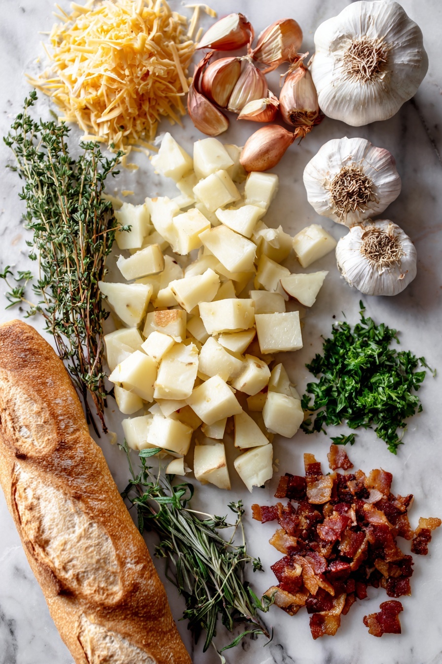 Flat lay of peeled diced waxy potatoes, halved shallots, whole garlic heads with tops cut off, sprigs of dried thyme and rosemary, fresh sprigs of parsley, crispy crumbled bacon, shredded mild cheddar cheese, and a fresh baguette, all beautifully arranged on a white marble surface, photo taken with an iphone --ar 2:3 --v 7 - Easy Roasted Garlic Soup, roasted garlic soup, comforting garlic soup, simple garlic soup recipe, hearty vegetable garlic soup