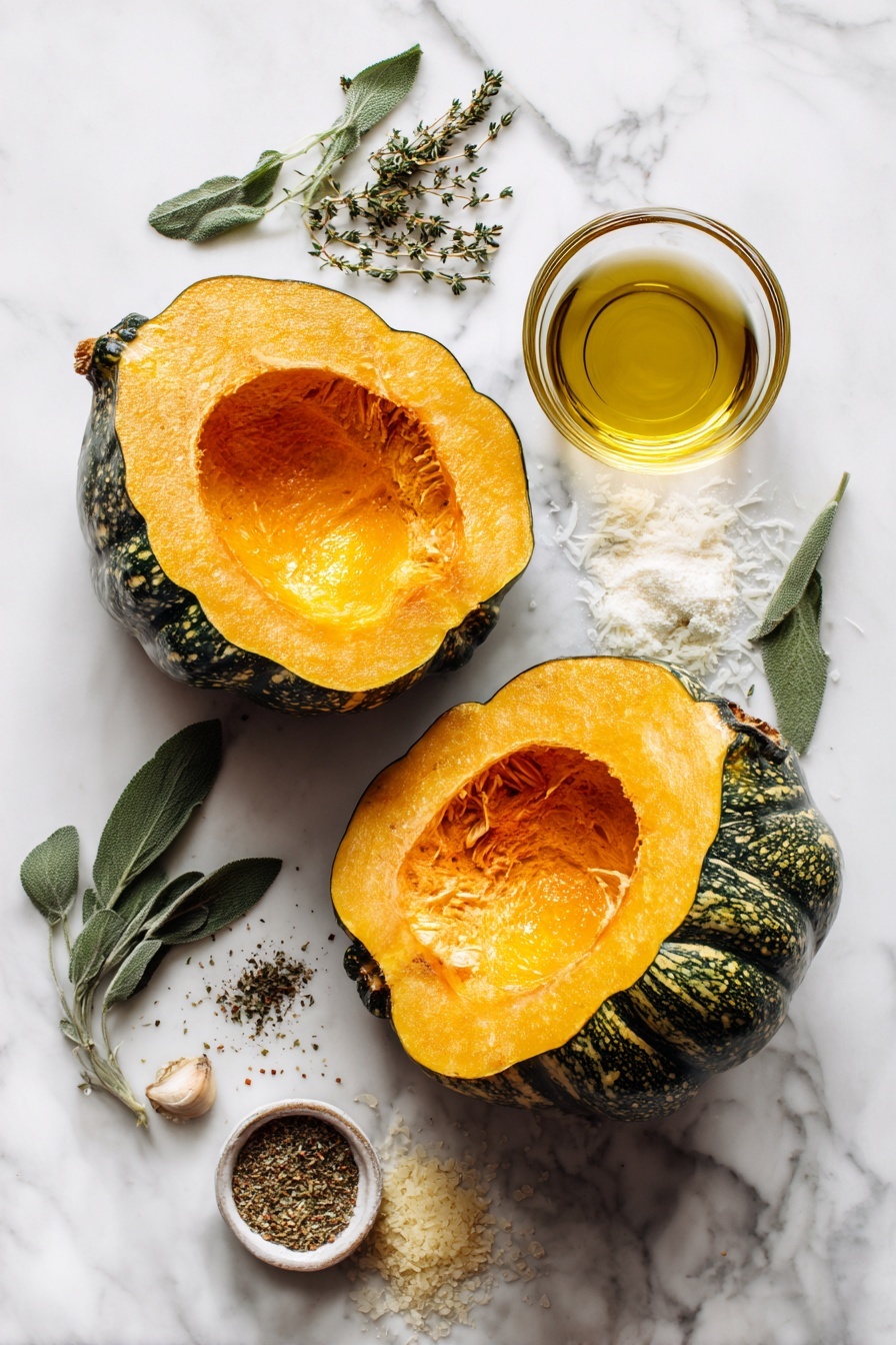 Flat lay of two halved acorn squash with bright orange flesh and green ridged skin, a small heap of finely grated parmesan cheese, dried basil leaves, dried thyme sprigs, dried oregano, garlic powder scattered lightly, and a small glass bowl of golden extra-virgin olive oil, all beautifully arranged with a few fresh herb sprigs for color, placed on a white marble surface, photo taken with an iphone --ar 2:3 --v 7 - Parmesan Herb Roasted Acorn Squash, roasted acorn squash, fall vegetable recipes, healthy side dishes, easy squash recipes