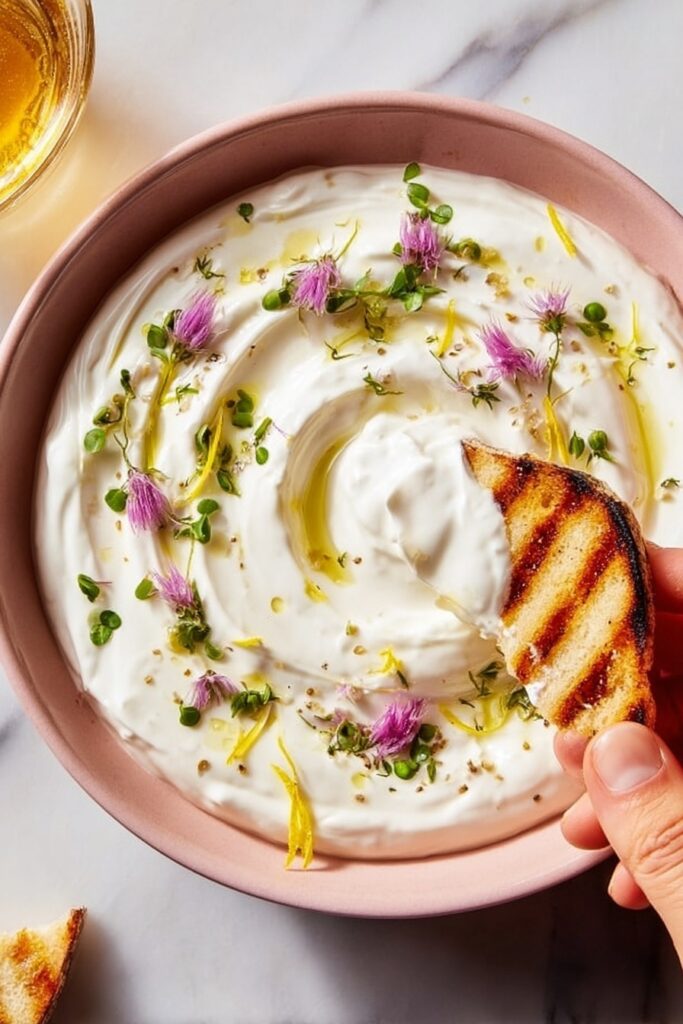 Whipped Ricotta with Honey, Lemon Zest, and Thyme on Grilled Baguette Recipe