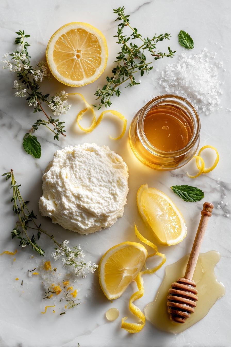 Flat lay of fresh whole milk ricotta cheese in a soft mound, a small glass jar of golden honey with a honey dipper resting beside it, a bright yellow lemon cut into wedges with scattered lemon zest curls, sprigs of fresh green thyme leaves artfully placed around, a small pile of flaky sea salt crystals shimmering under the light, and a thin stream of extra-virgin olive oil gently drizzled across the scene, all arranged beautifully on a white marble surface, photo taken with an iphone --ar 2:3 --v 7 - Whipped Ricotta with Honey, Lemon Zest, and Thyme on Grilled Baguette, easy ricotta appetizer, simple finger foods, gourmet bruschetta ideas, quick entertaining appetizers