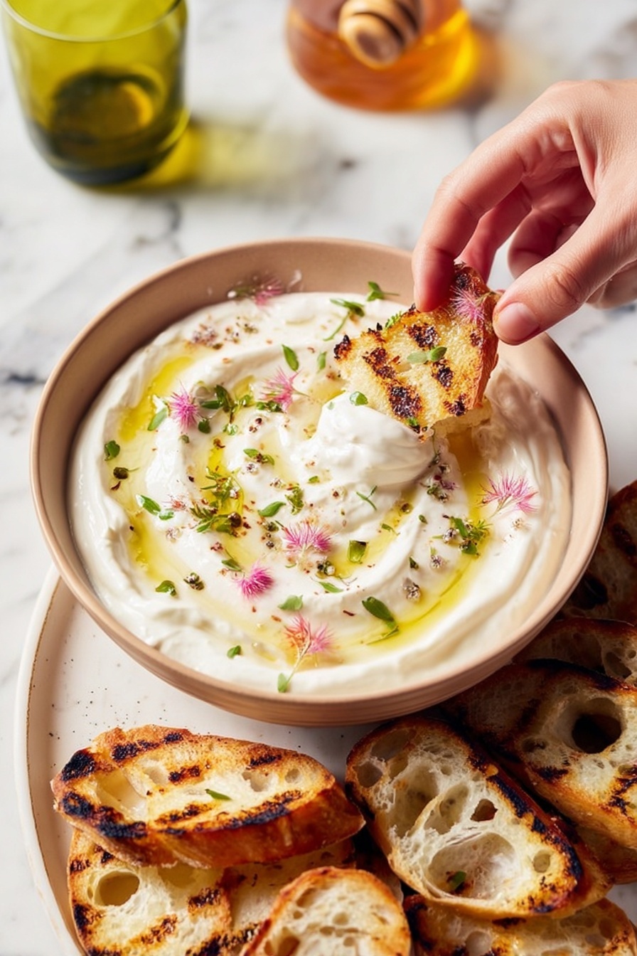 A bowl with thick, creamy white yogurt swirled smoothly, topped with small green herb leaves and tiny pink flower petals, along with a drizzle of light golden olive oil creating shiny spots on the surface. In the yogurt, a grilled slice of light brown bread with dark grill marks is being dipped by a woman's hand pinching it gently. Nearby, a white plate holds more grilled bread slices, showing a mix of golden brown with darker, toasted edges and holes in the crumb texture. The scene is set on a white marbled surface with a glass jar holding honey and a small green glass cup partially visible. photo taken with an iphone --ar 2:3 --v 7 - Whipped Ricotta with Honey, Lemon Zest, and Thyme on Grilled Baguette, easy ricotta appetizer, simple finger foods, gourmet bruschetta ideas, quick entertaining appetizers