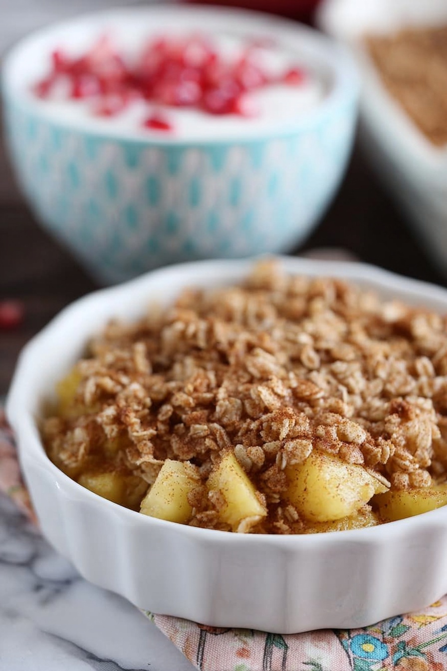 In the image, there is a round white ceramic dish filled with a crumbly apple oat mixture. The dish shows two distinct layers: the bottom layer is small chunks of yellow apple pieces, and the top layer is a golden brown oat crumble made of oats mixed with cinnamon or spices. The surface underneath the dish is a dark wood table with a multi-colored cloth napkin underneath. In the background, slightly blurred, there is a white bowl with a light blue geometric pattern filled with white yogurt and red pomegranate seeds. The whole setting is on a white marbled surface. photo taken with an iphone --ar 2:3 --v 7 - Amish-Style Apple and Cinnamon Baked Oatmeal, healthy baked oatmeal with apples, cozy breakfast recipes, cinnamon apple oatmeal, homemade baked oatmeal ideas